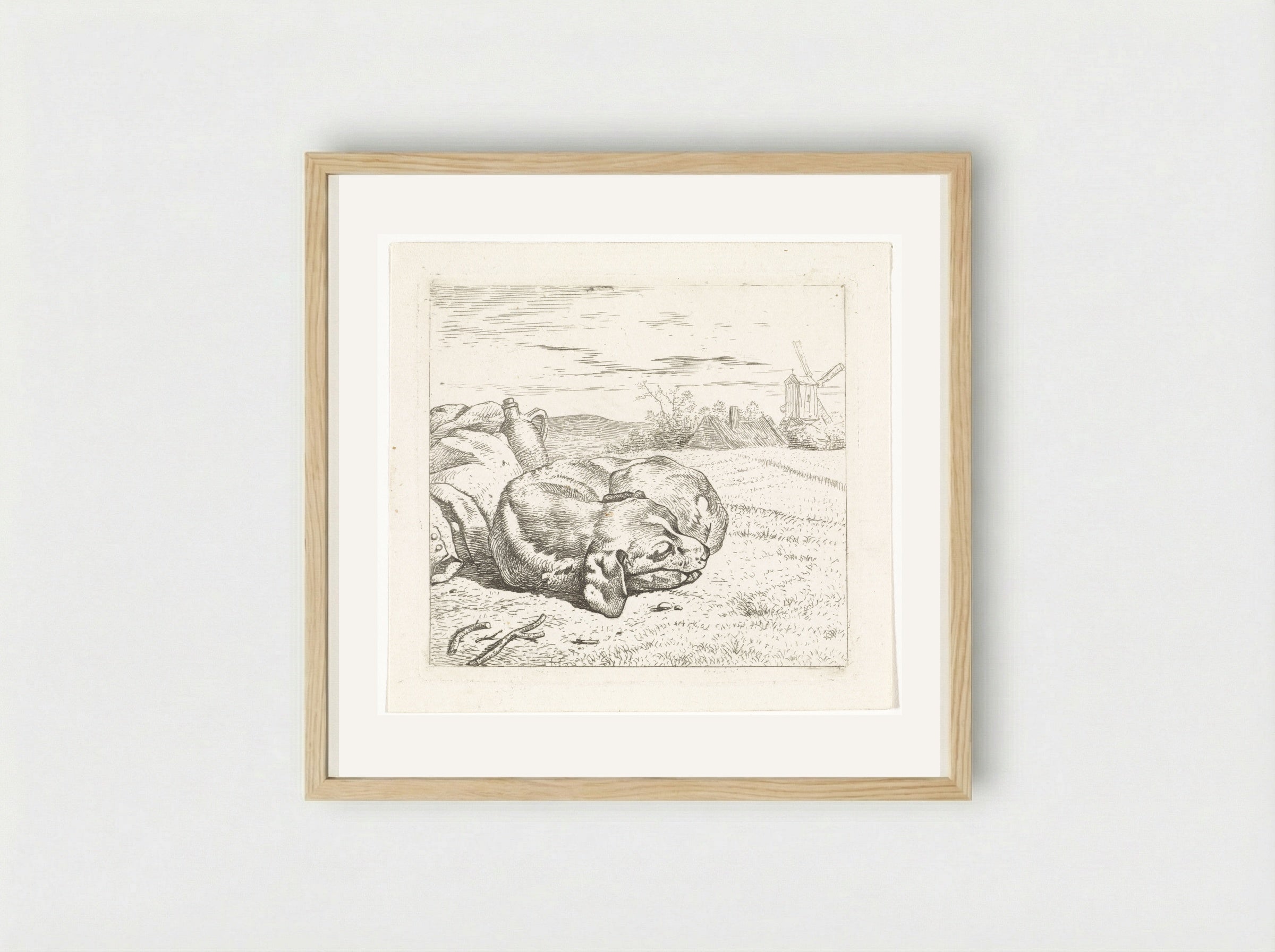 Slapende hond met windmolen op de achtergrond - Wouter Johannes van Troostwijk - Framed Print Wood