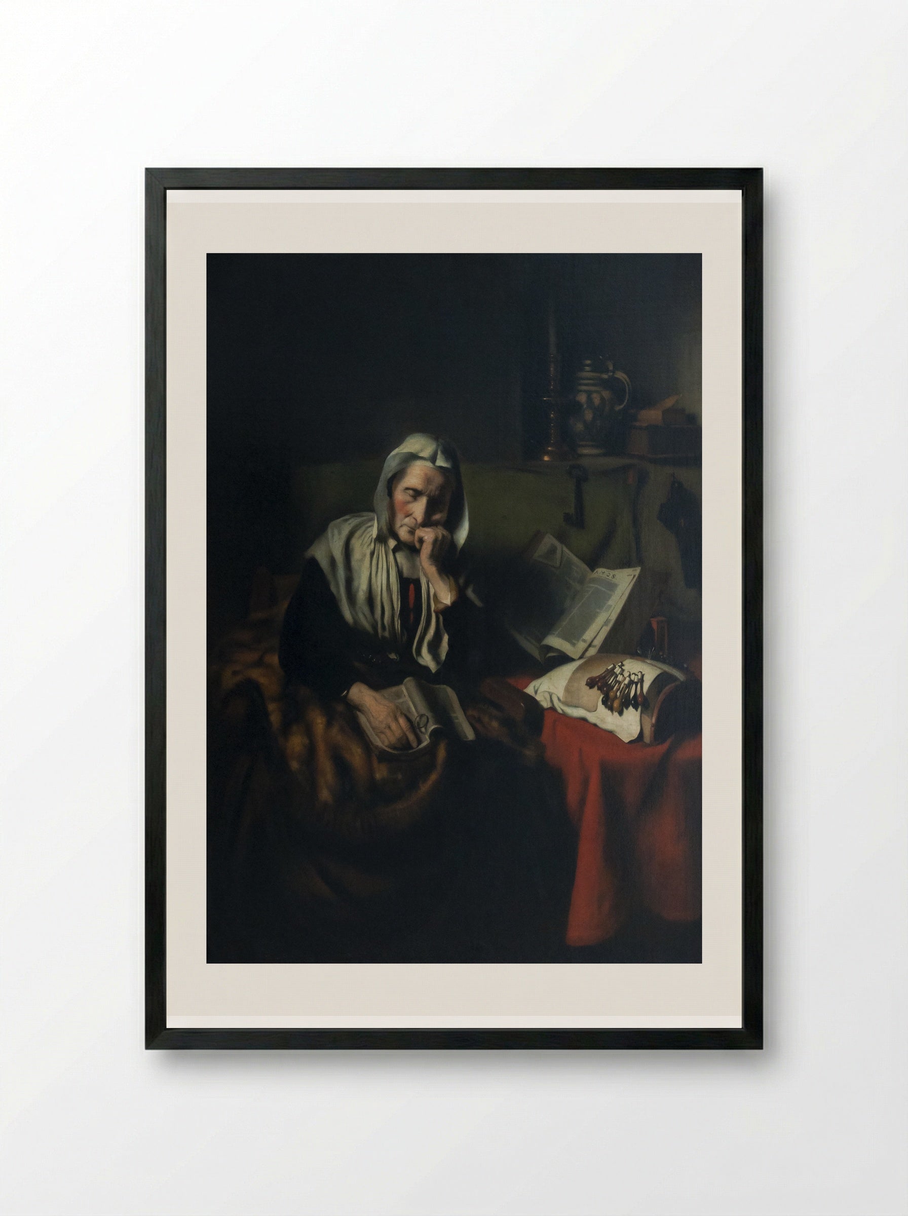Slapende oude vrouw - Nicolaes Maes - Framed Print Black