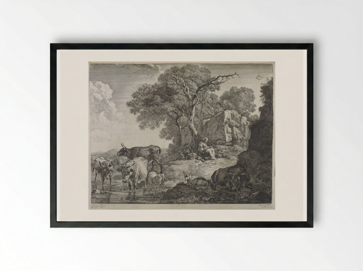 Sleeping Herdsman and Woman at the Foot of a Tree - Johannes Visscher - Framed Print Black
