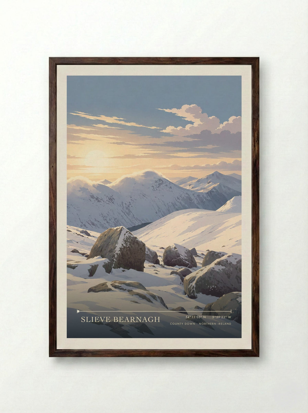 Slieve Bearnagh, County Down | Travel Poster - Framed Print Dark Wood
