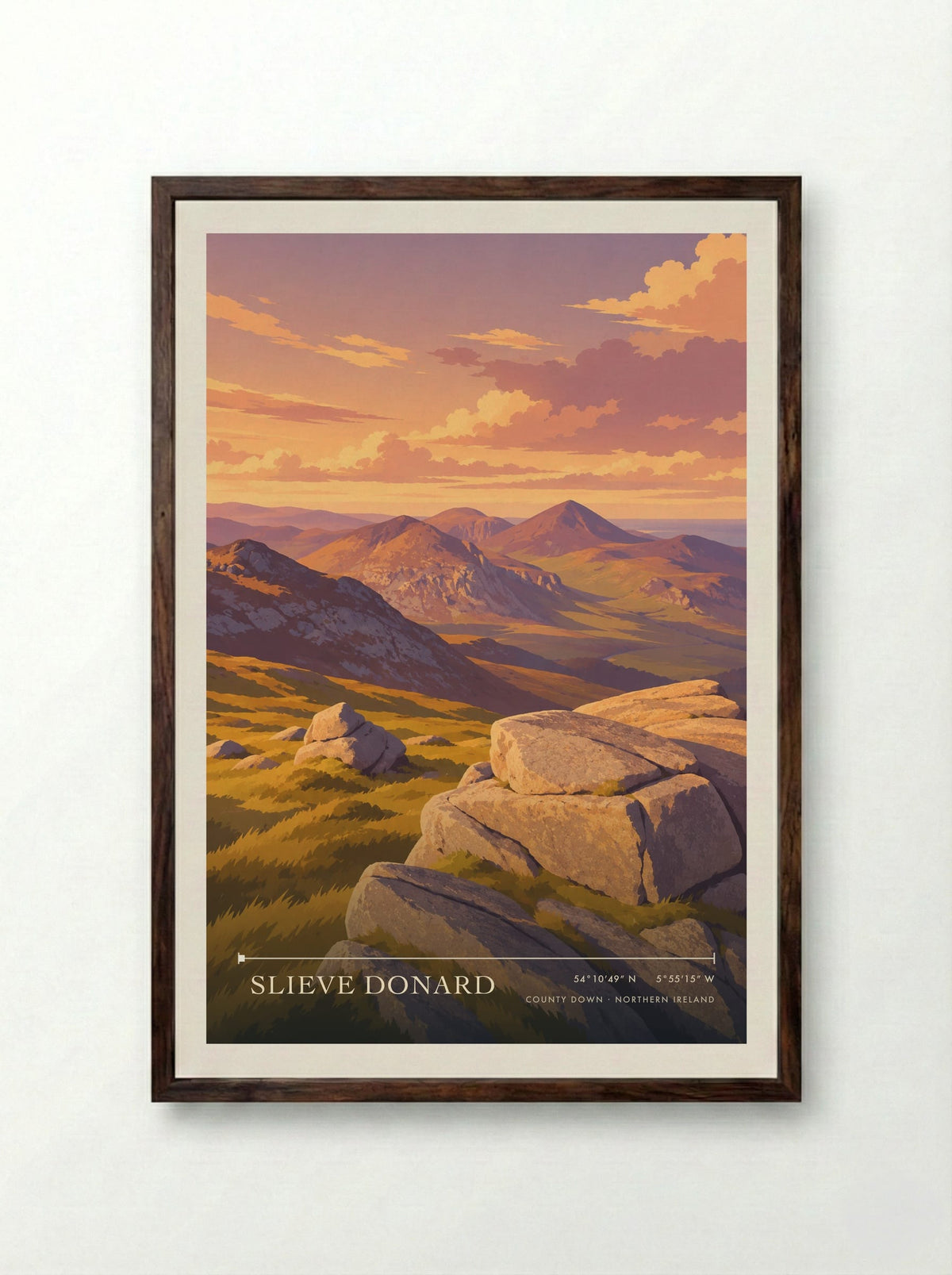 Slieve Donard, County Down | Travel Poster - Framed Print Dark Wood