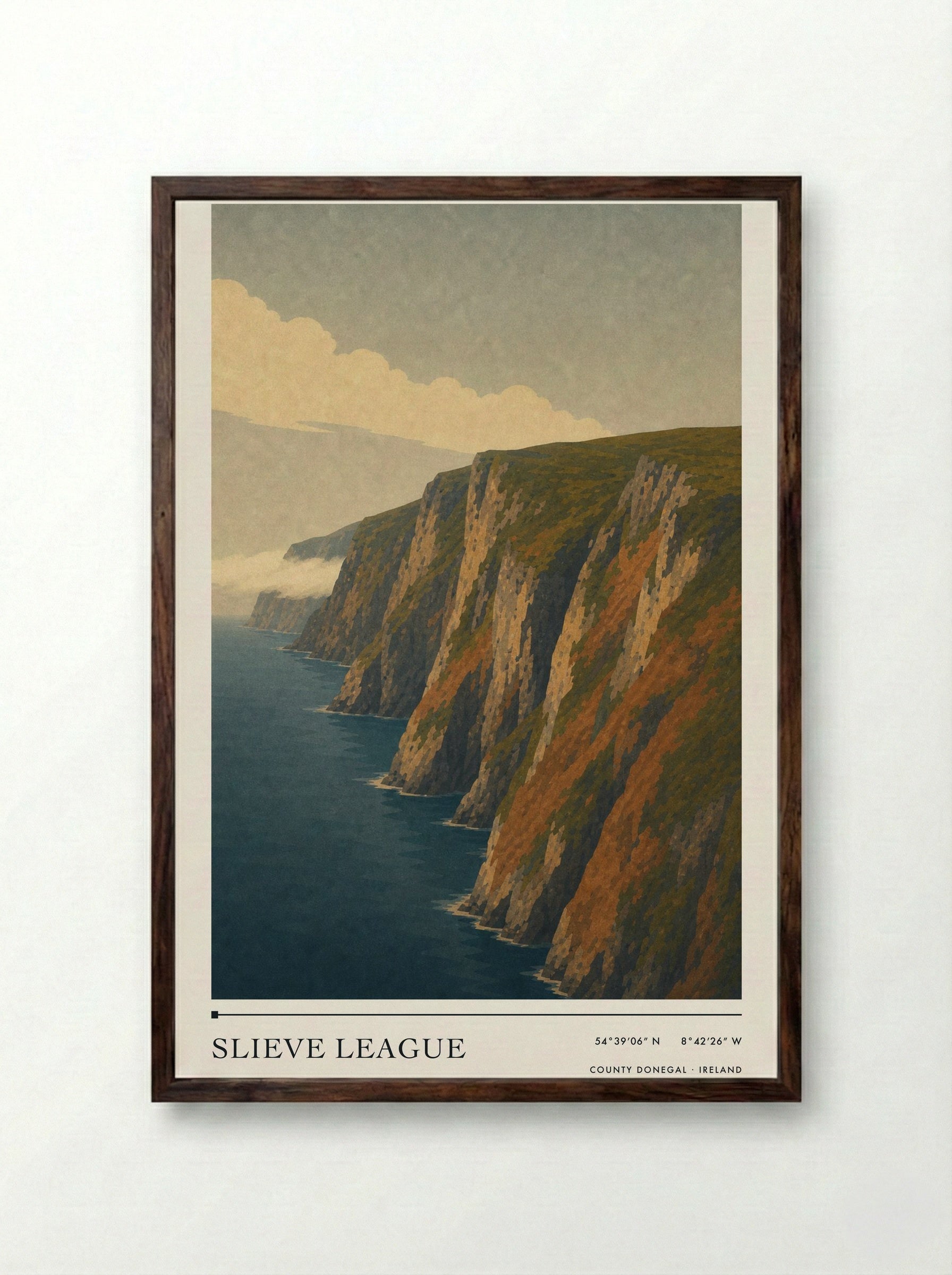 Slieve League Travel Poster Artwork - Framed Print Dark Wood