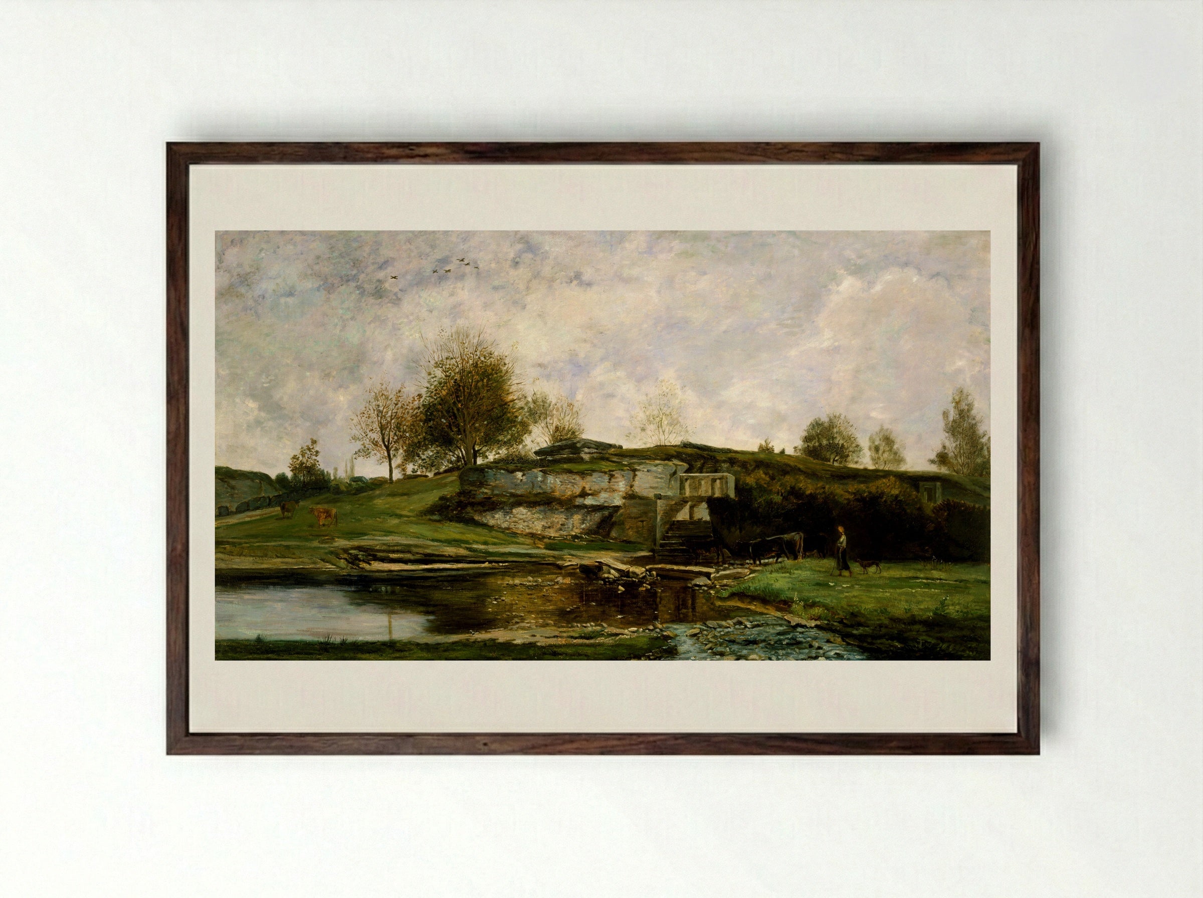 Sluice in the Optevoz Valley - Charles-François Daubigny - Framed Print Dark Wood