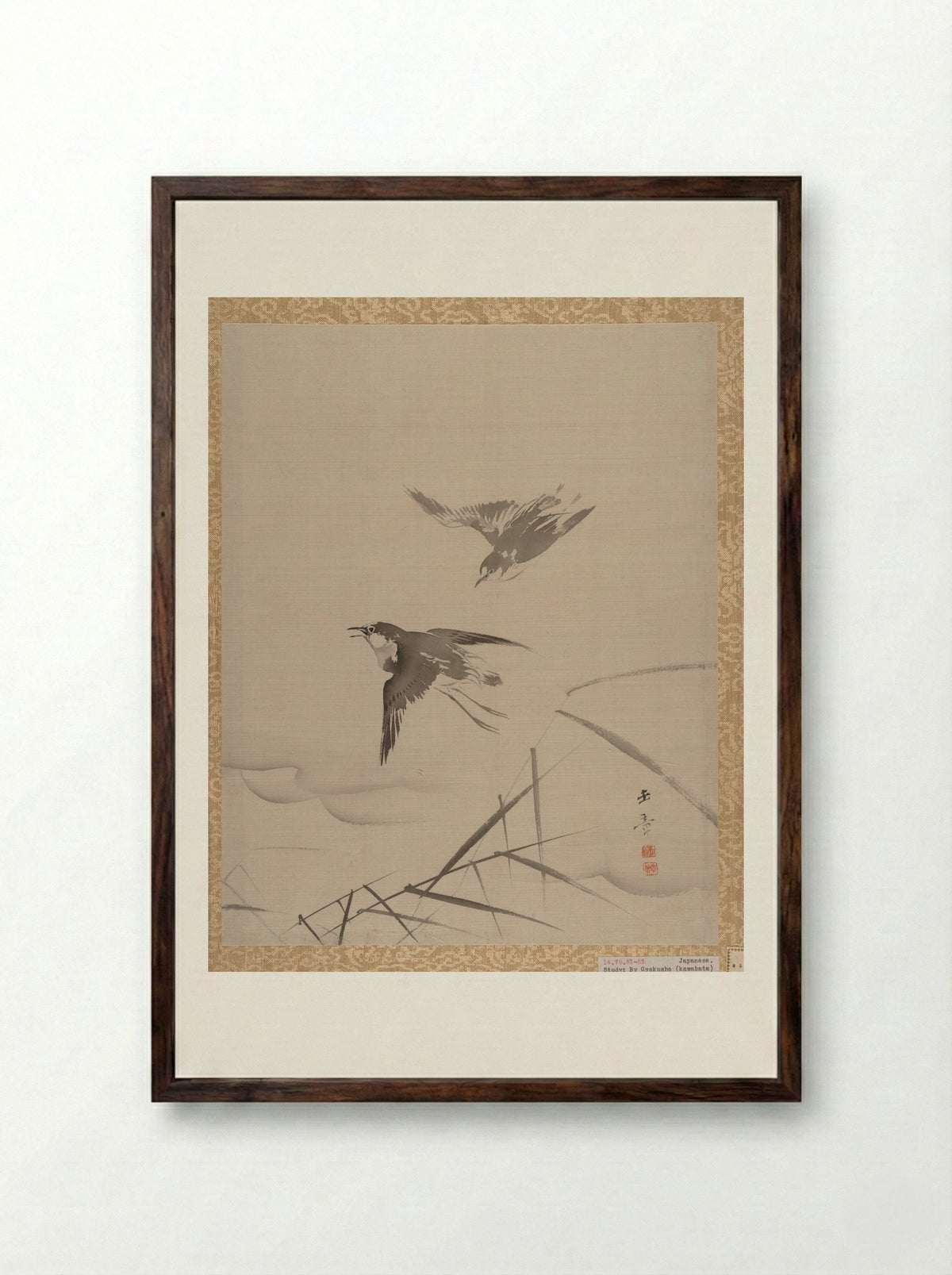 Small Birds and Bamboo - Kawabata Gyokushō - Framed Print Dark Wood