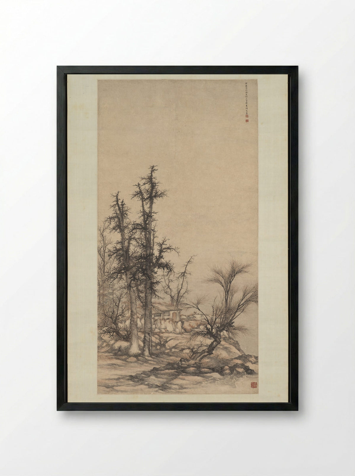 Small dwelling in a dense grove of trees - Chen Mei - Framed Print Black
