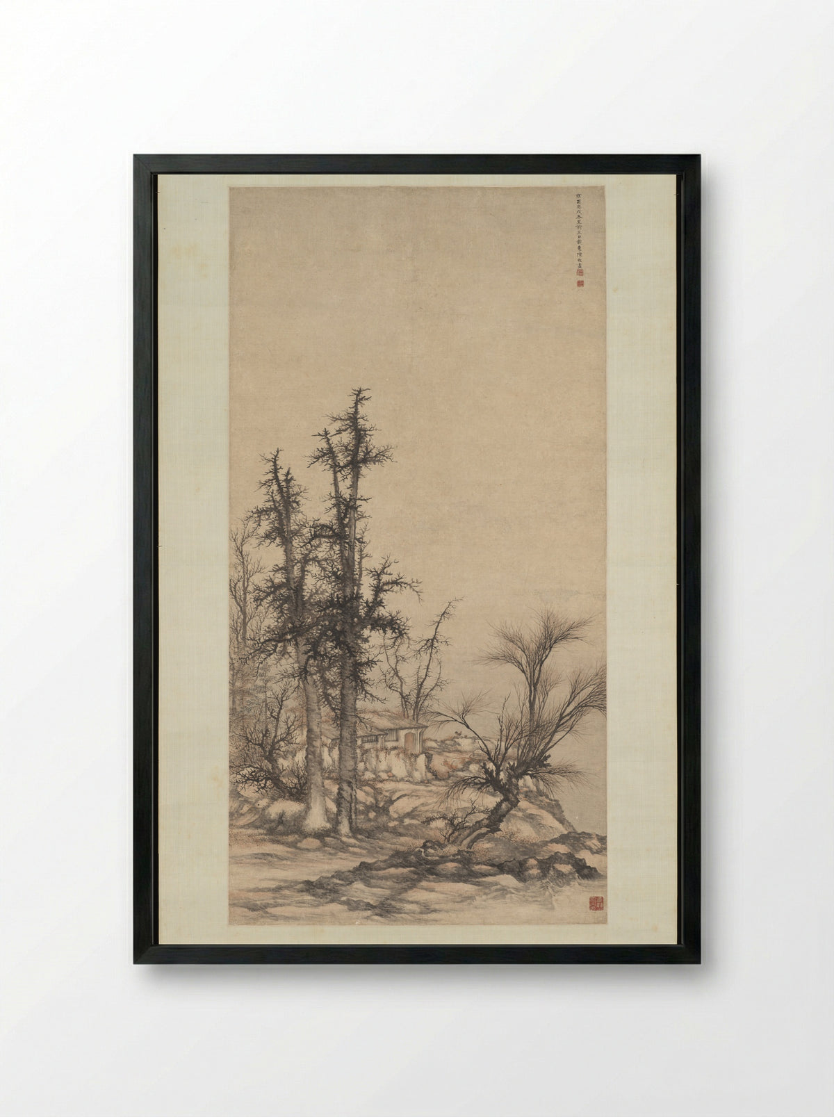 Small dwelling in a dense grove of trees - Chen Mei - Framed Print Black