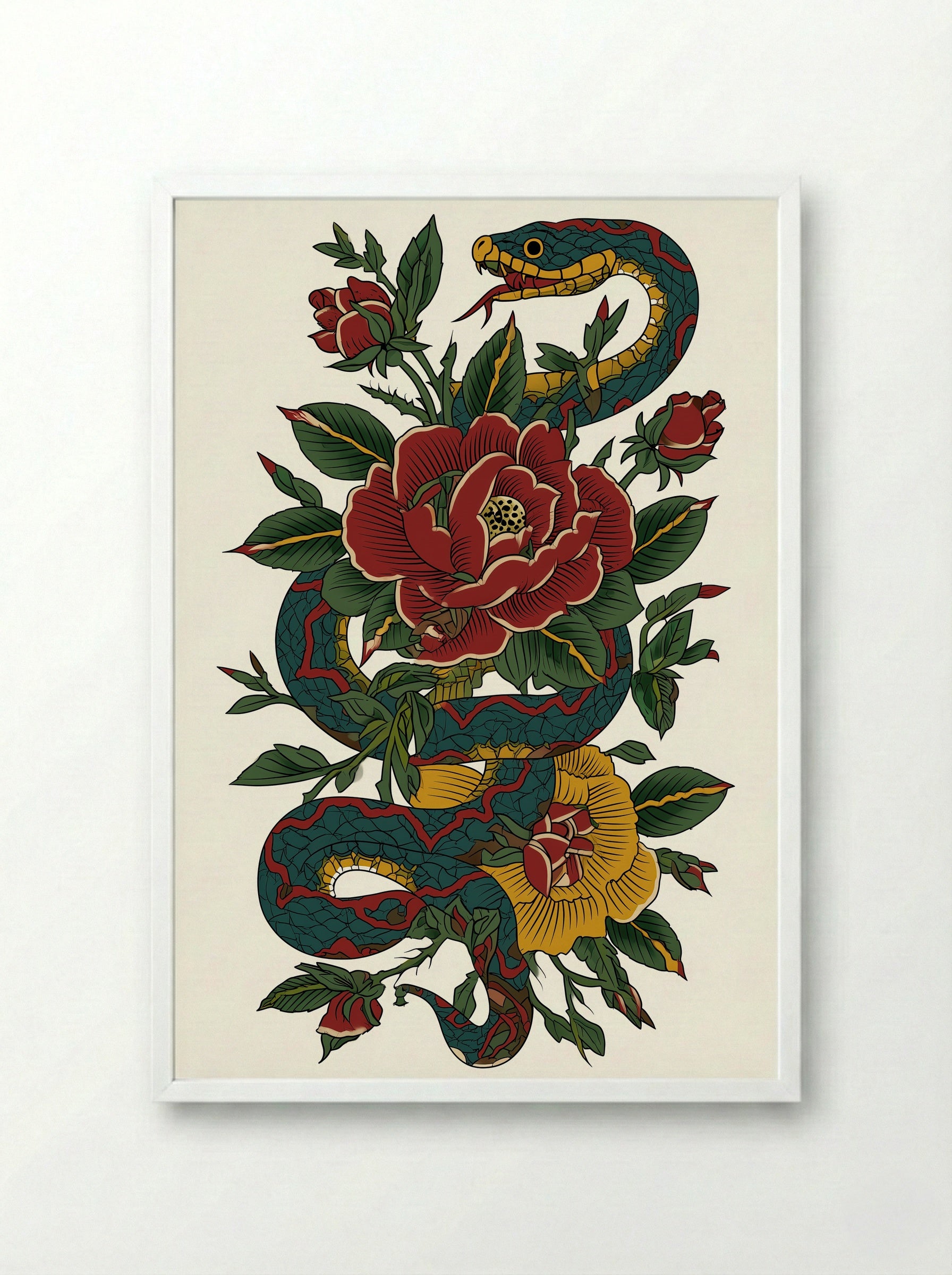 Snake and Roses - Neo Traditional Tattoo Art Print - Framed Print White