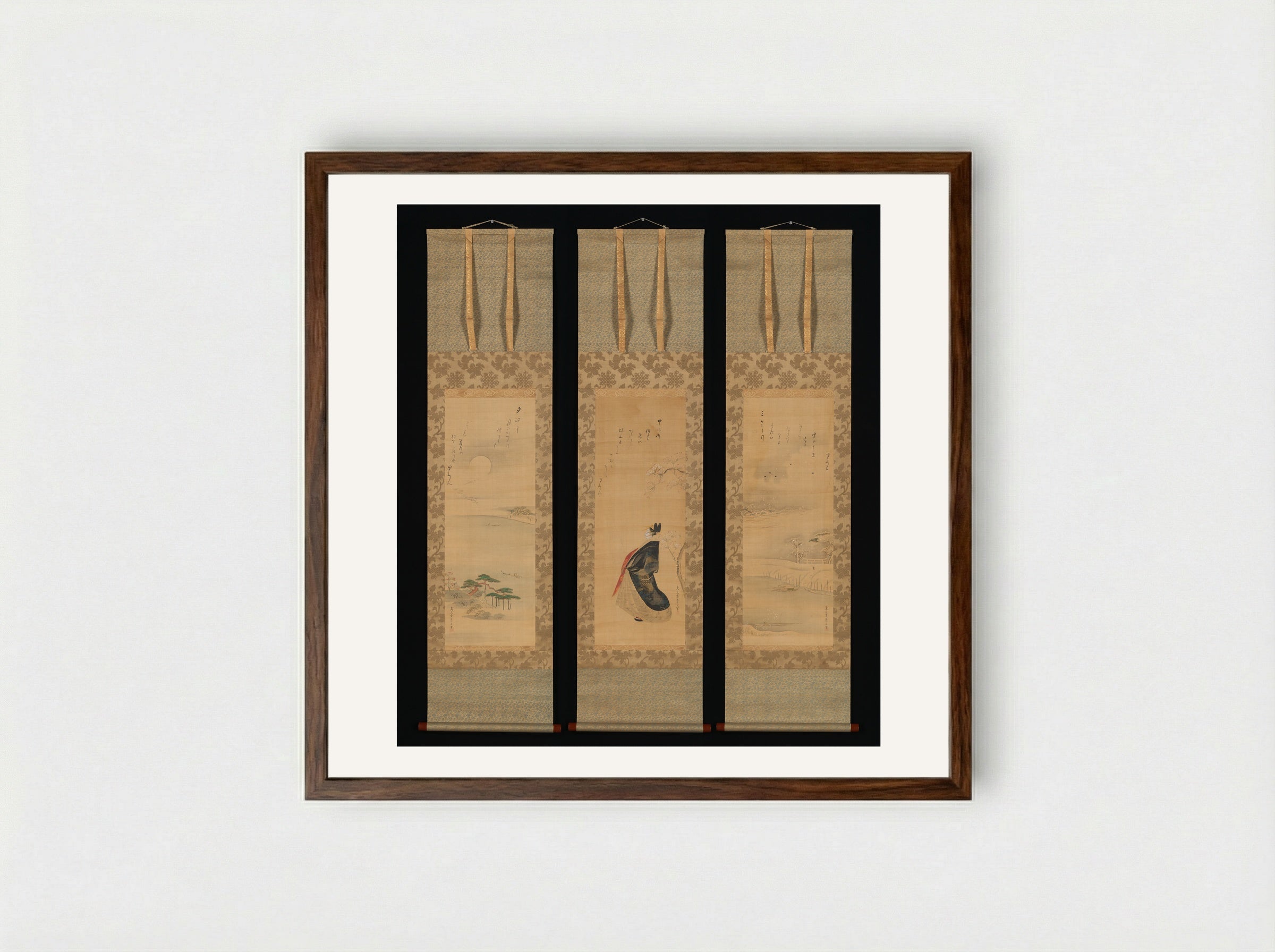Snow, Moon, and Cherry Blossoms (Yoshiwara in Three Seasons) - Chōbunsai Eishi - Framed Print Dark Wood