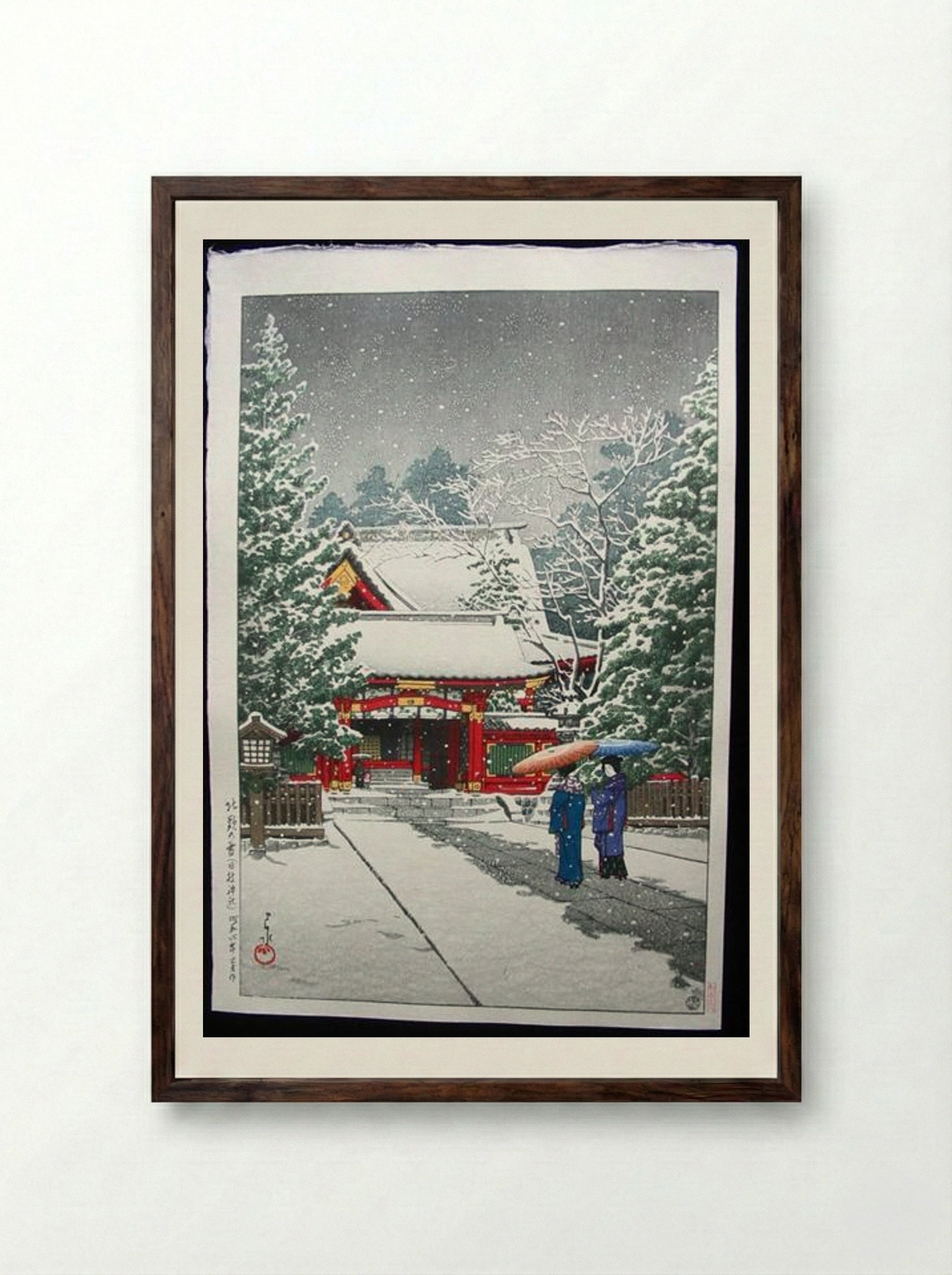 Snow at Hinoeda Shrine - Hasui Kawase - Framed Print Dark Wood