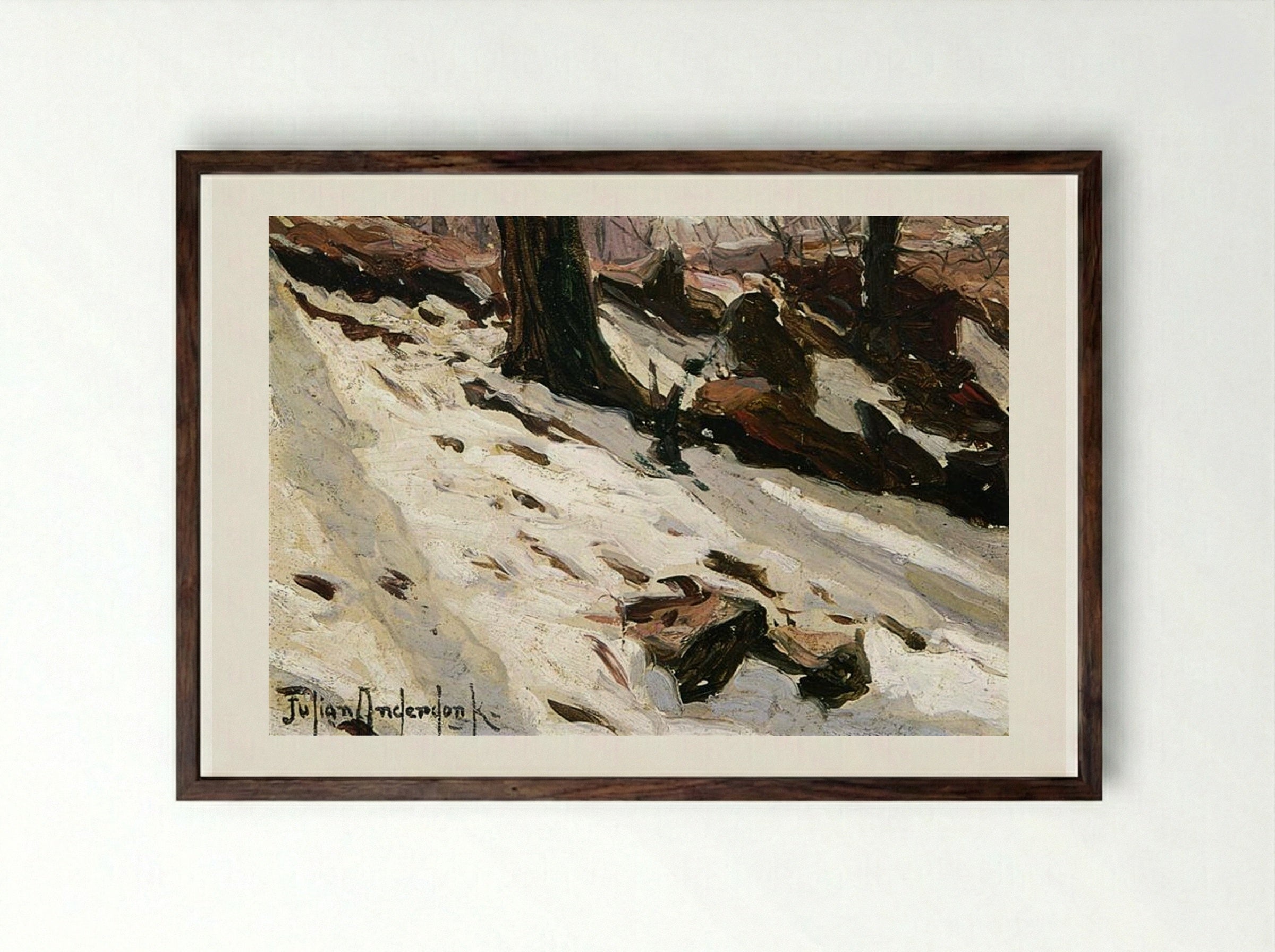 Snow near the Cave, Central Park, New York - Robert Julian Onderdonk - Framed Print Dark Wood