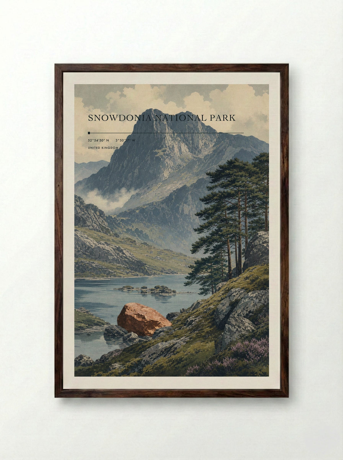 Snowdonia National Park United Kingdom Travel Poster - Framed Print Dark Wood