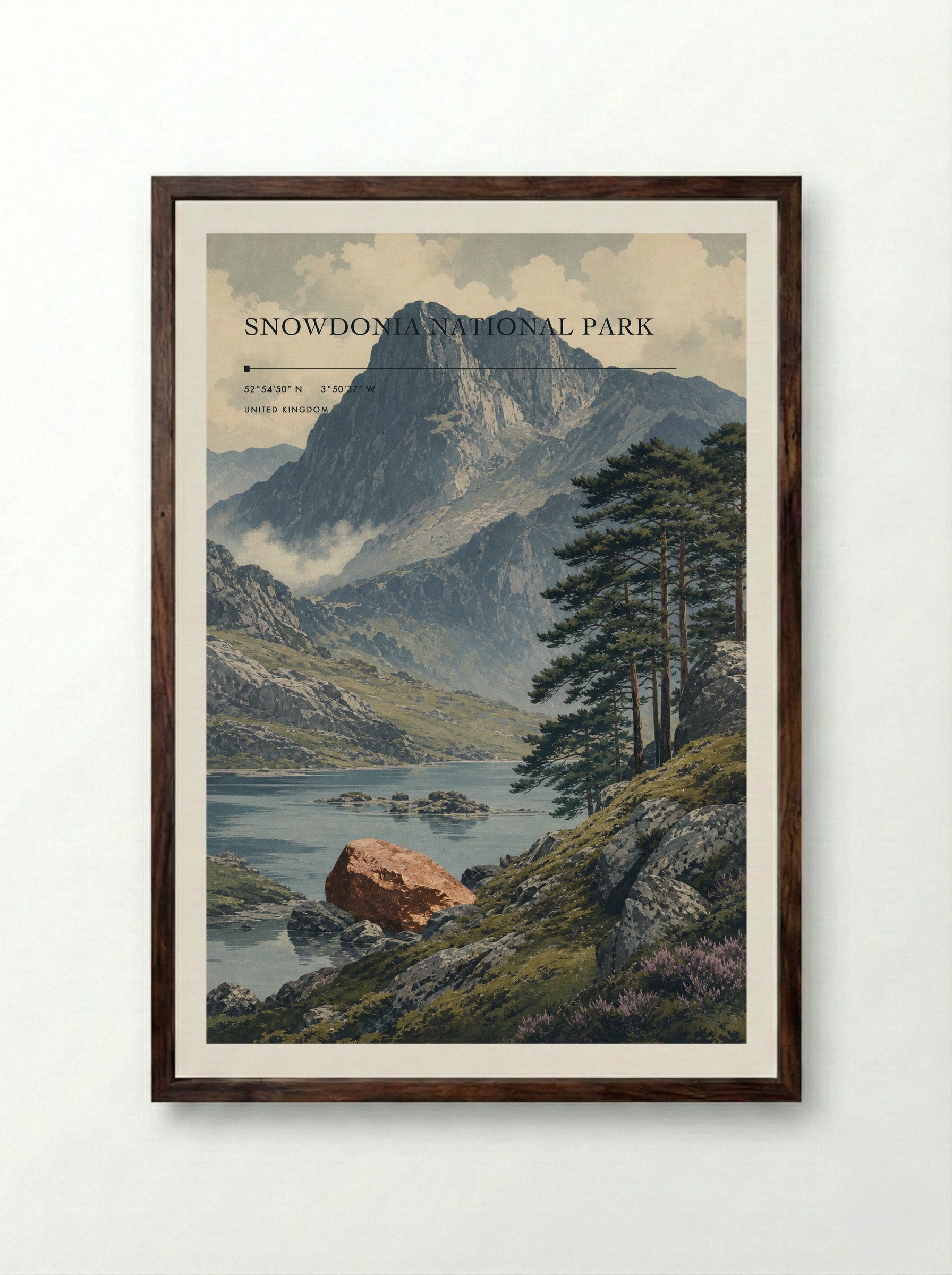 Snowdonia National Park United Kingdom Travel Poster - Framed Print Dark Wood