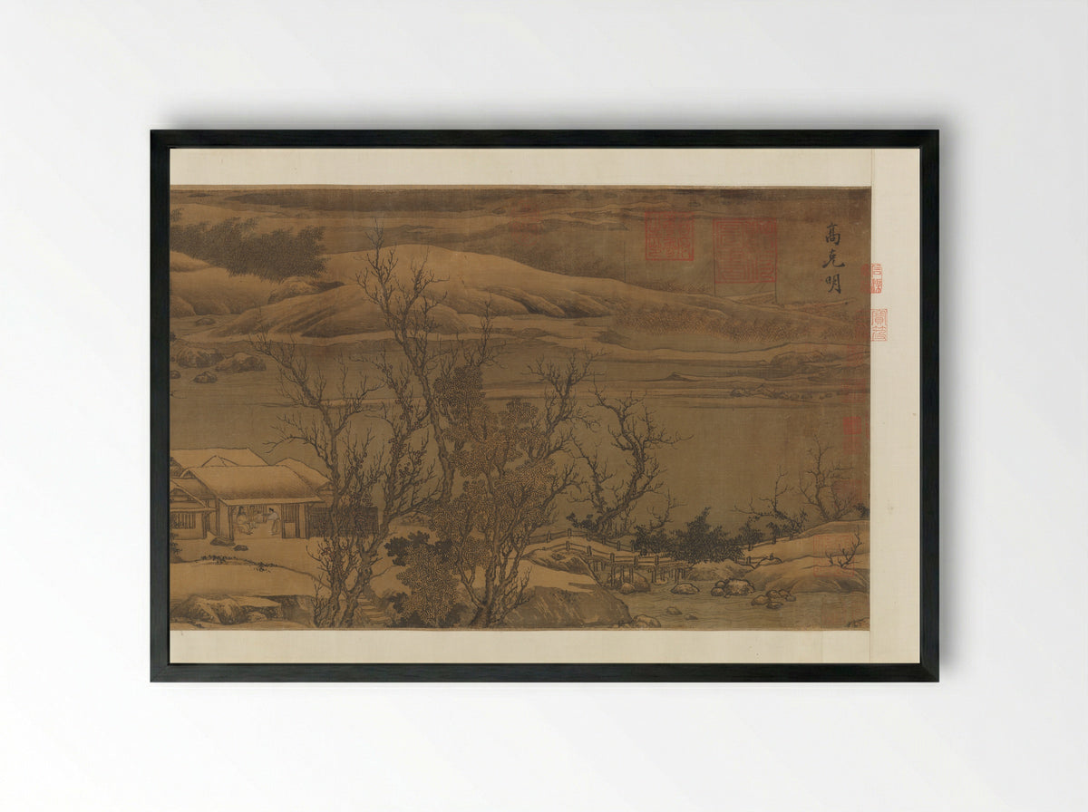 Snowy Landscape with Rustic Riverside Retreat - Liu Songnian - Framed Print Black