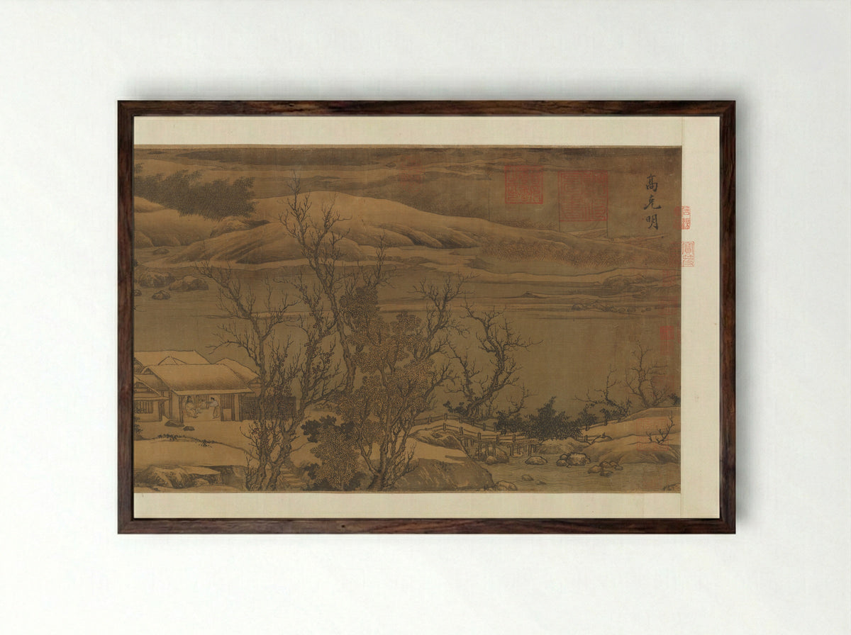 Snowy Landscape with Rustic Riverside Retreat - Liu Songnian - Framed Print Dark Wood