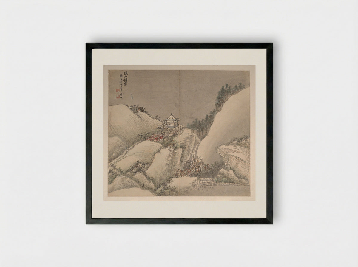Snowy Stream and Mountains - Cao Jian - Framed Print Black
