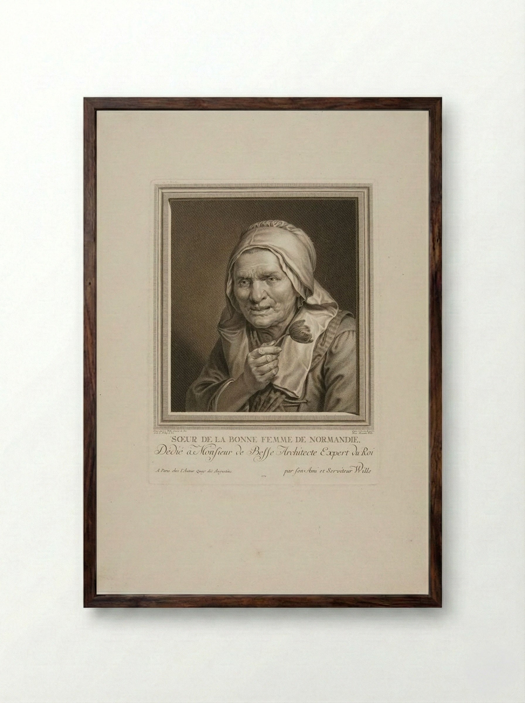 Soeur de la bonne femme de Normandie - Johann Georg Wille - Framed Print Dark Wood