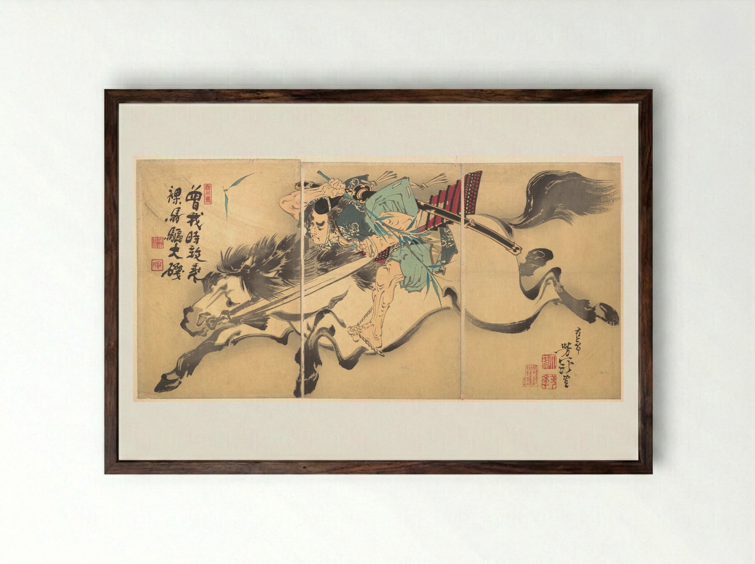 Soga Tokimune Riding a Horse - Tsukioka Yoshitoshi - Framed Print Dark Wood
