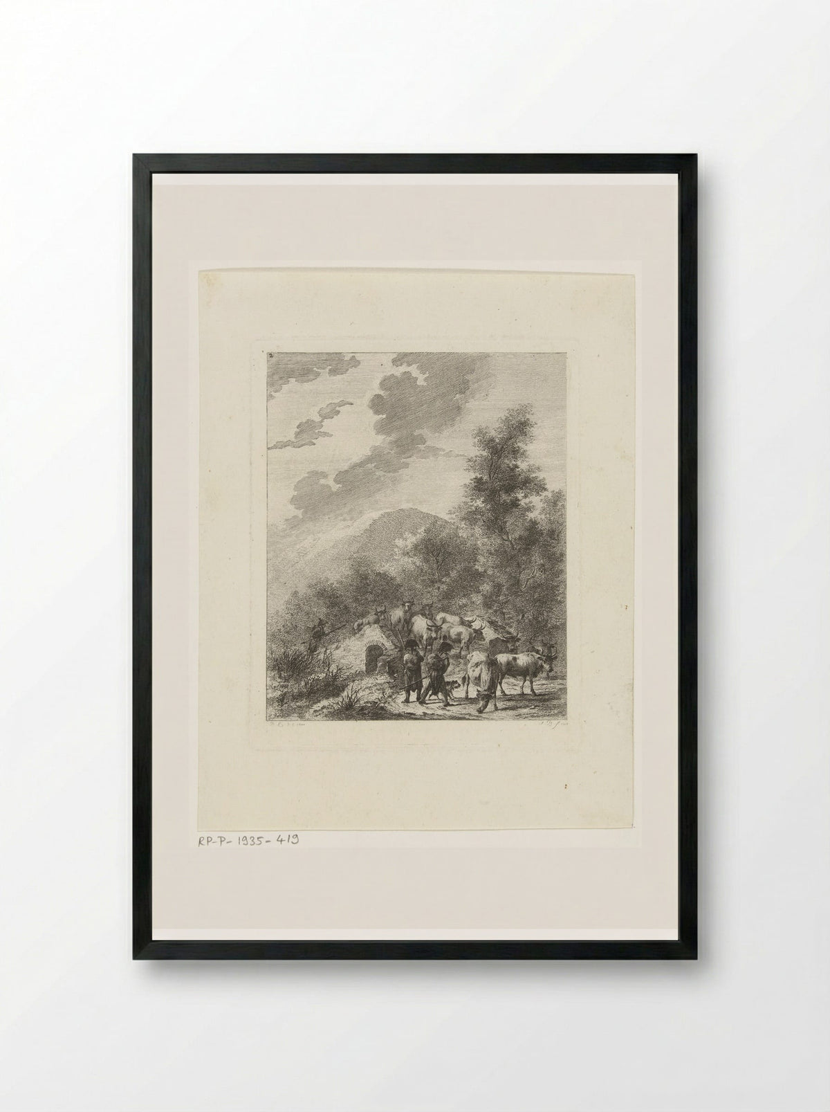 Soldaten drijven een kudde koeien over een brug - Joannes Bemme - Framed Print Black