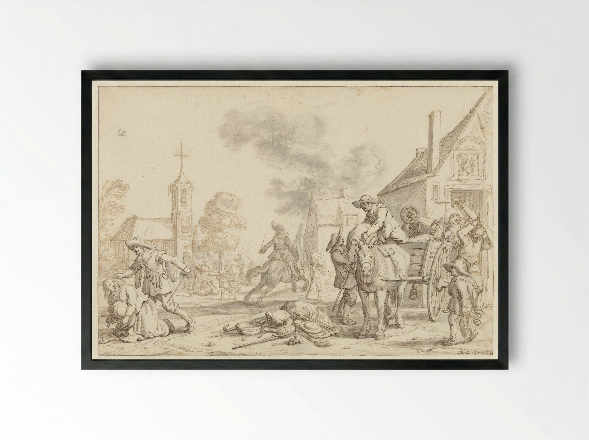 Soldaten plunderen een dorp - Jan Martens de Jonge - Framed Print Black