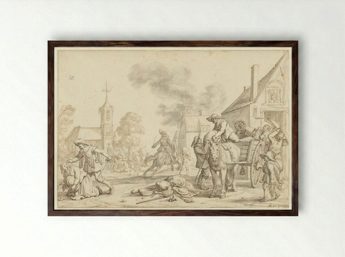 Soldaten plunderen een dorp - Jan Martens de Jonge - Framed Print Dark Wood