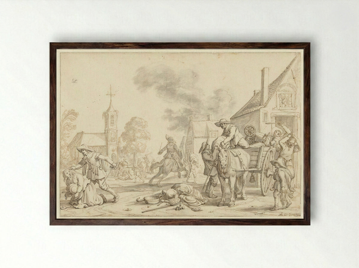 Soldaten plunderen een dorp - Jan Martens de Jonge - Framed Print Dark Wood