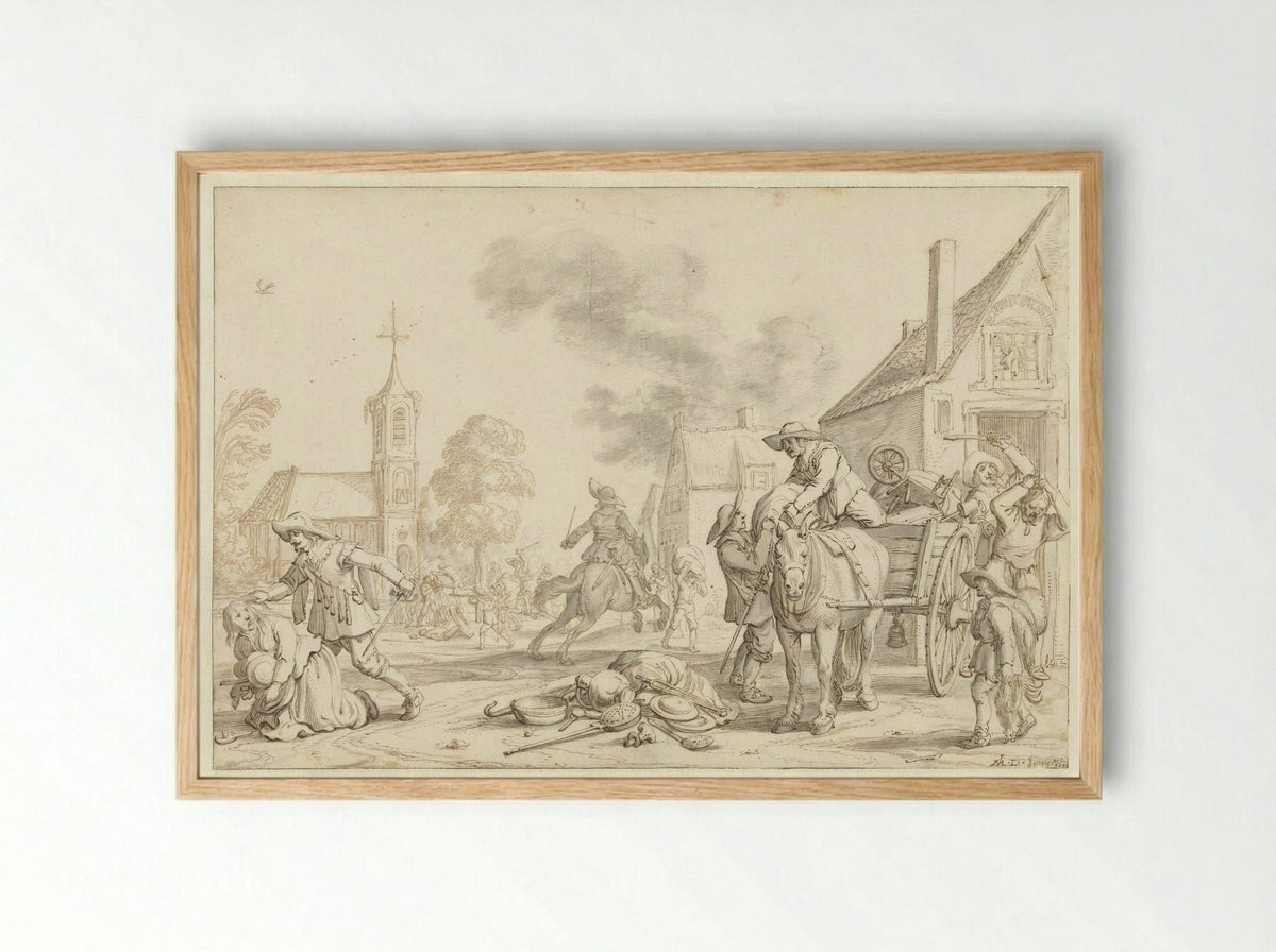 Soldaten plunderen een dorp - Jan Martens de Jonge - Framed Print Wood