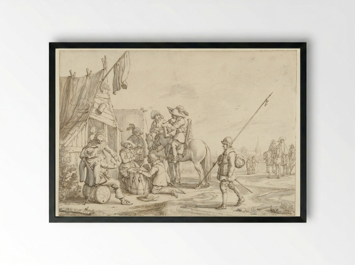 Soldaten voor een herberg - Jan Martens de Jonge - Framed Print Black