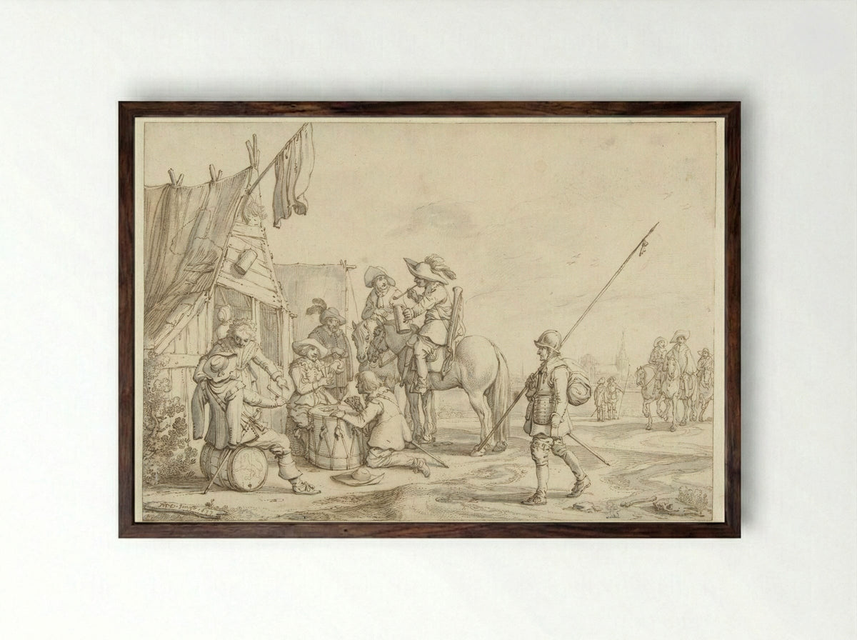 Soldaten voor een herberg - Jan Martens de Jonge - Framed Print Dark Wood