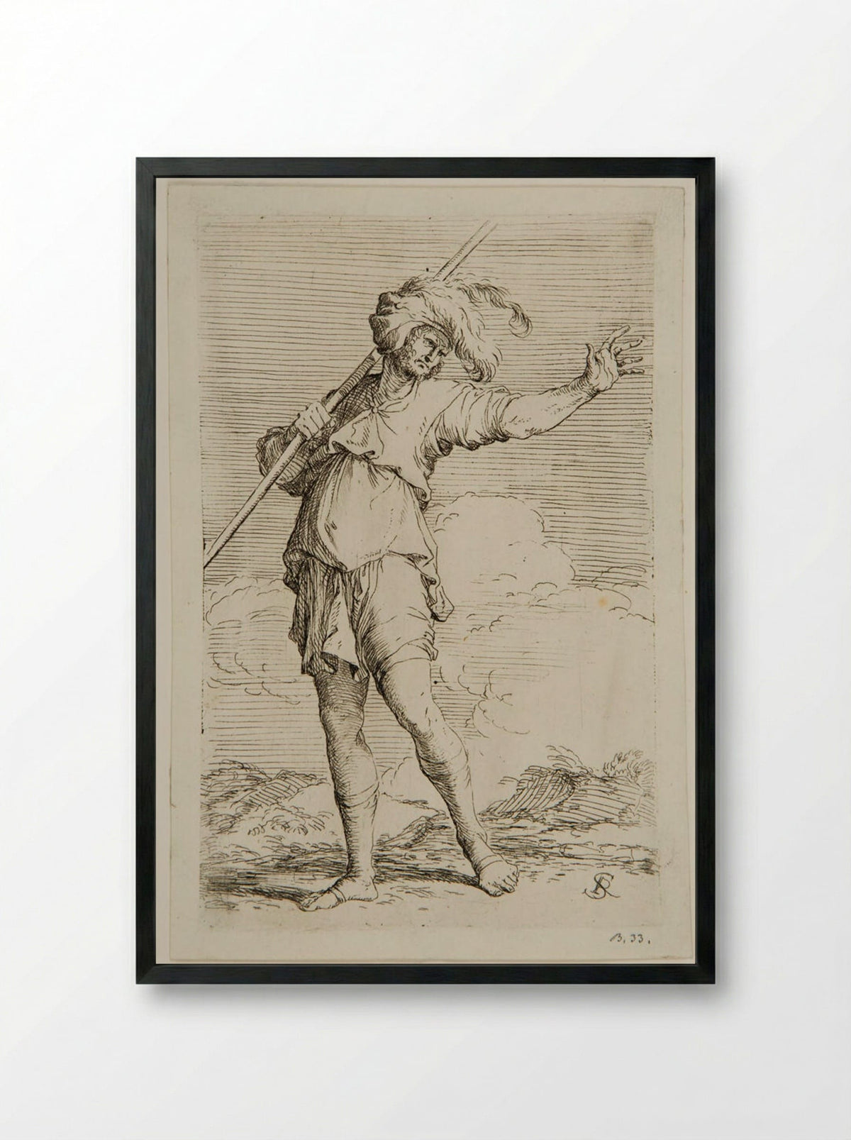 Soldier Holding a Rod Resting on his Left Shoulder - Salvator Rosa - Framed Print Black