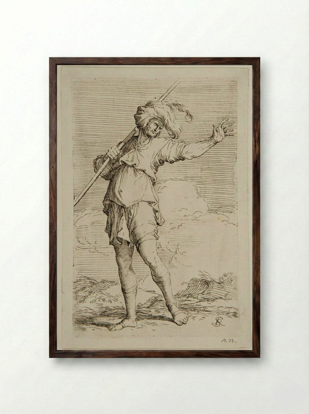 Soldier Holding a Rod Resting on his Left Shoulder - Salvator Rosa - Framed Print Dark Wood