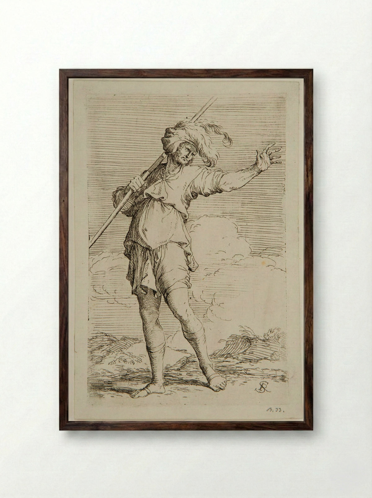 Soldier Holding a Rod Resting on his Left Shoulder - Salvator Rosa - Framed Print Dark Wood