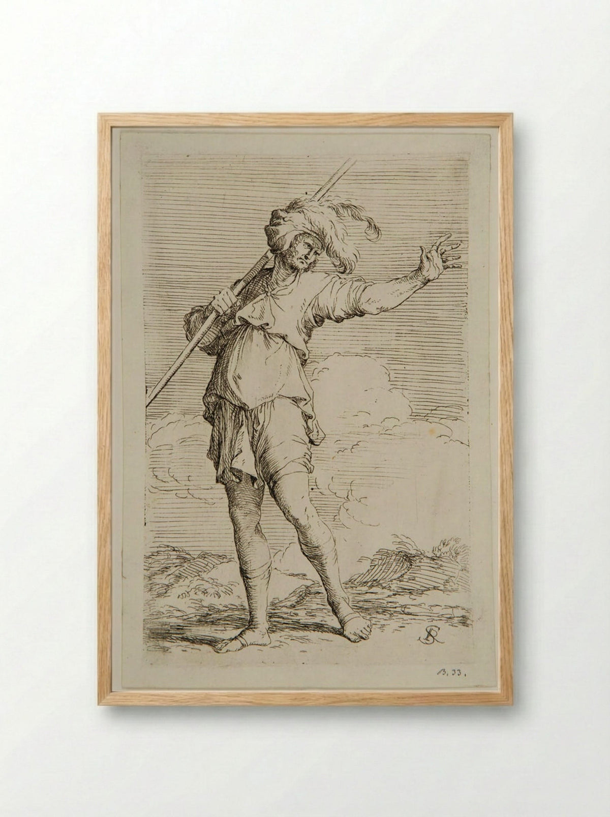 Soldier Holding a Rod Resting on his Left Shoulder - Salvator Rosa - Framed Print Wood