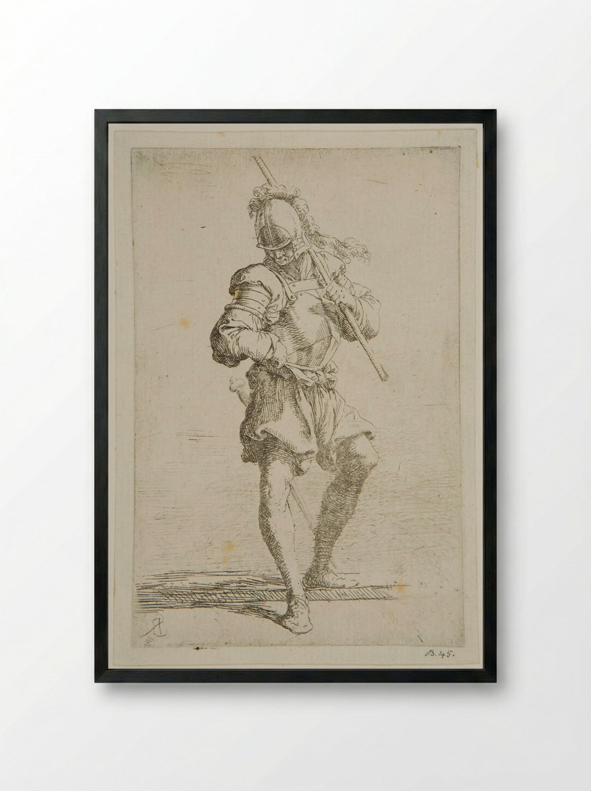 Soldier Looking at the Ground with a Baton Resting on His Shoulder - Salvator Rosa - Framed Print Black