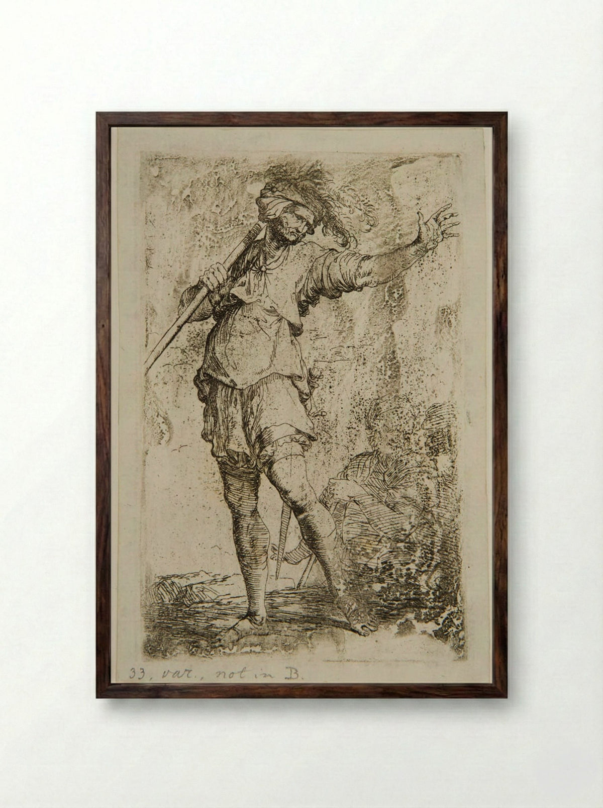 Soldier Resting a Sword on his Right Shoulder with his Right Hand - Salvator Rosa - Framed Print Dark Wood