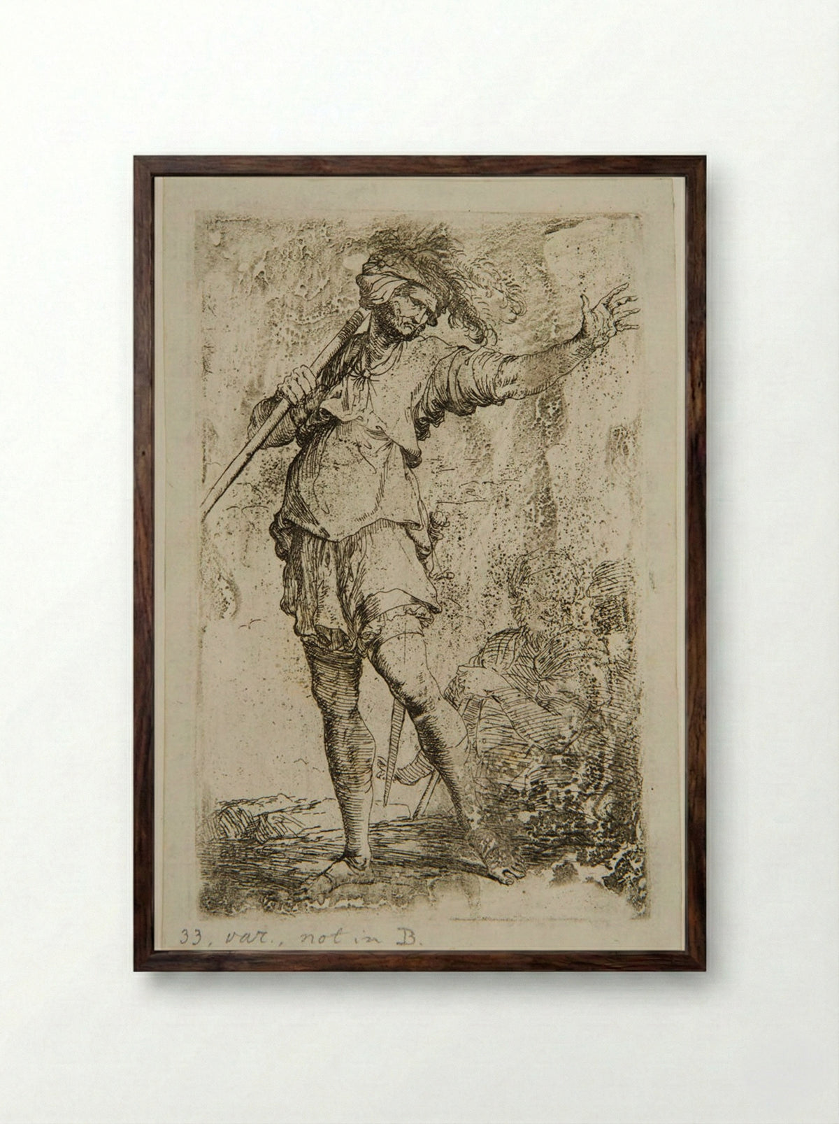Soldier Resting a Sword on his Right Shoulder with his Right Hand - Salvator Rosa - Framed Print Dark Wood