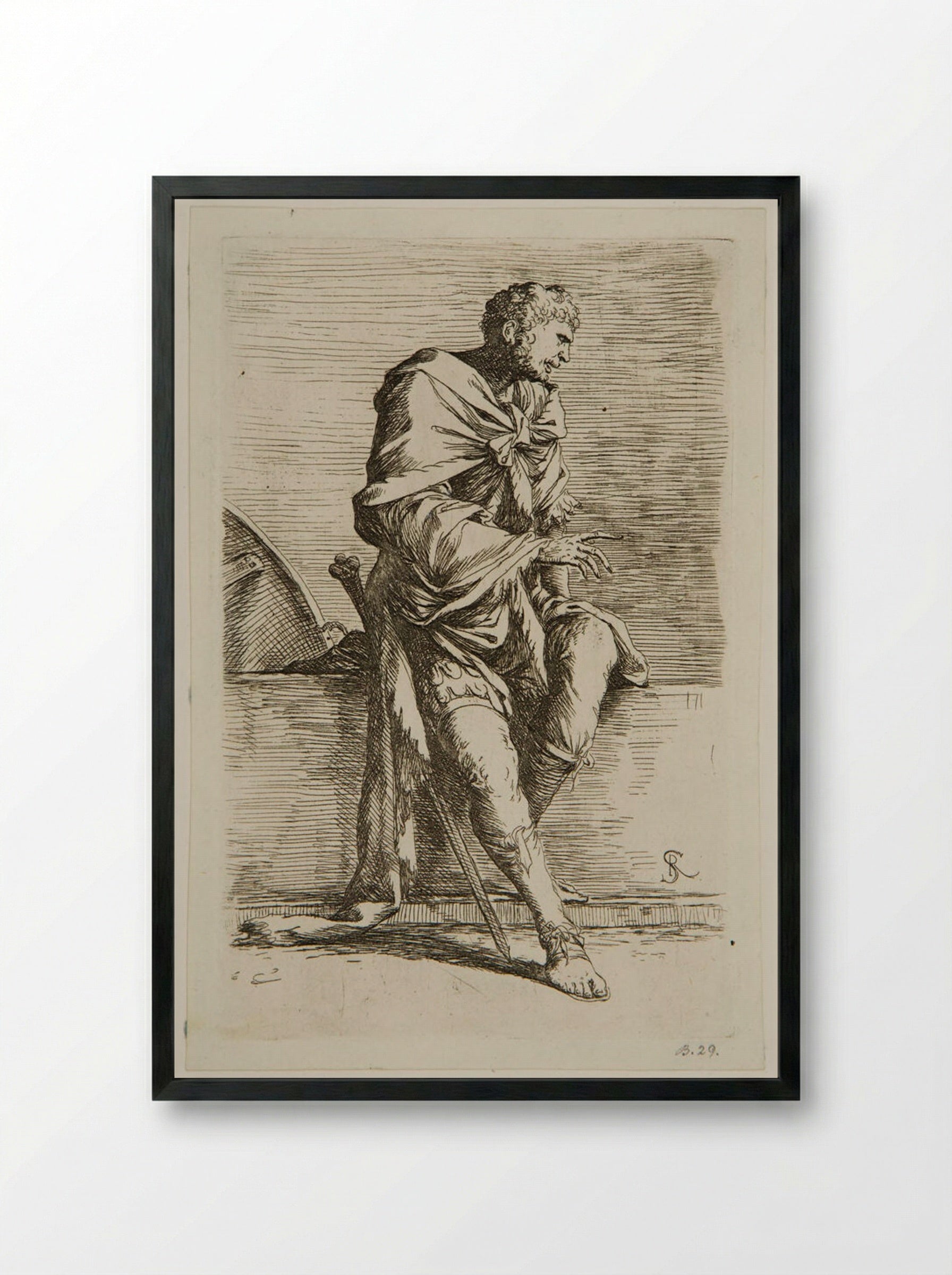 Soldier Sitting on a Wall - Salvator Rosa - Framed Print Black