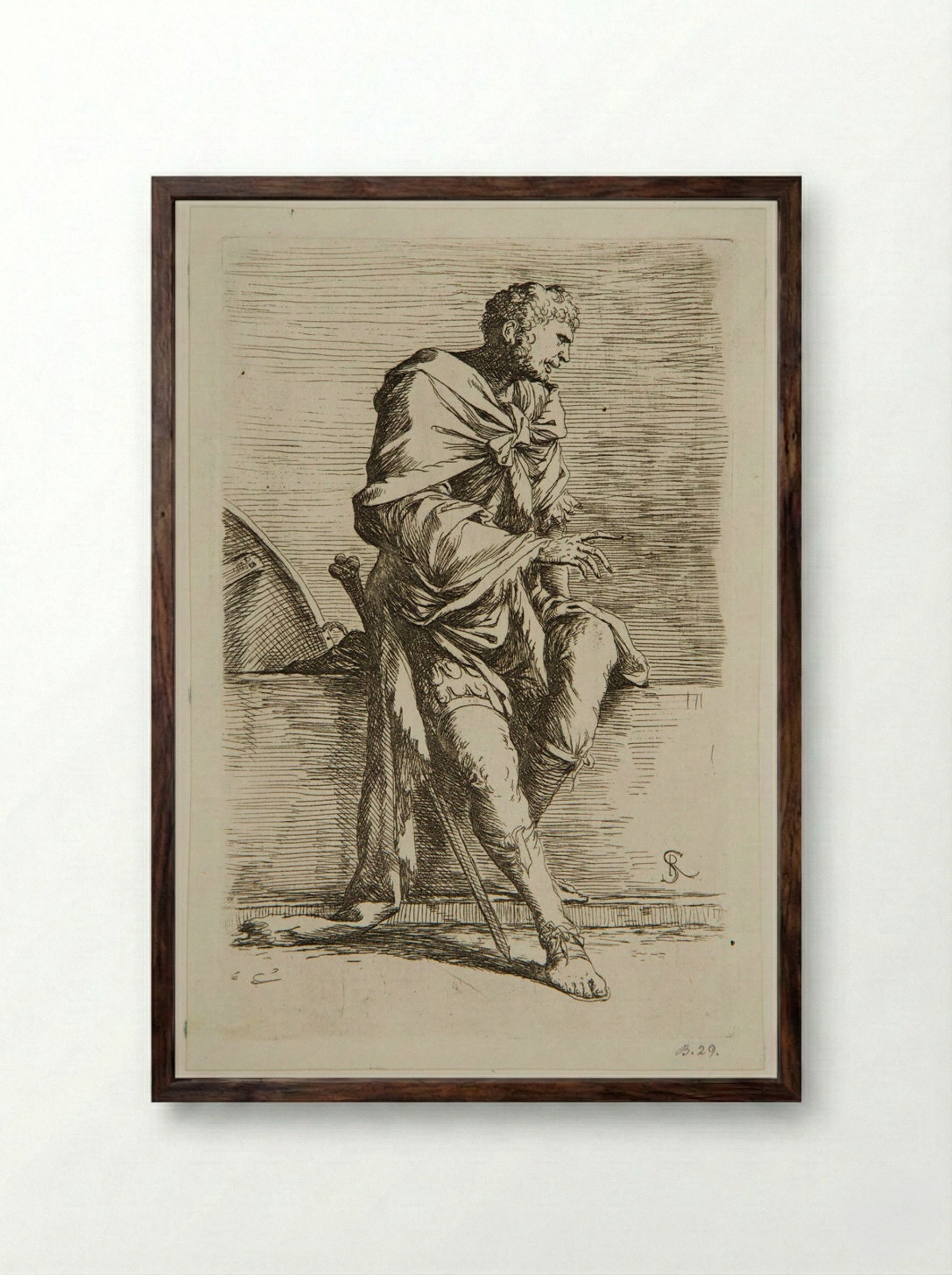 Soldier Sitting on a Wall - Salvator Rosa - Framed Print Dark Wood