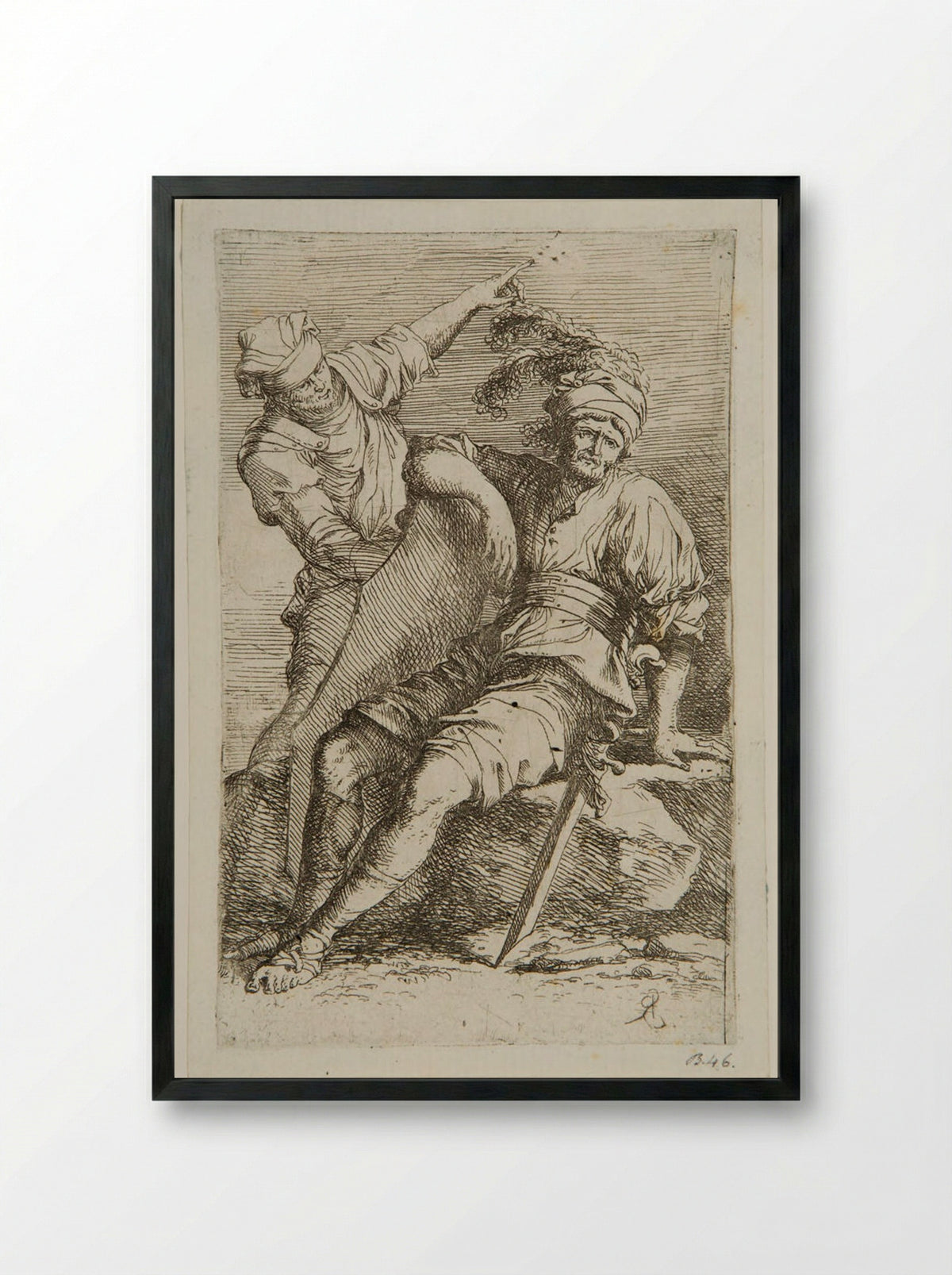 Soldier at Rest and a Standing Man - Salvator Rosa - Framed Print Black