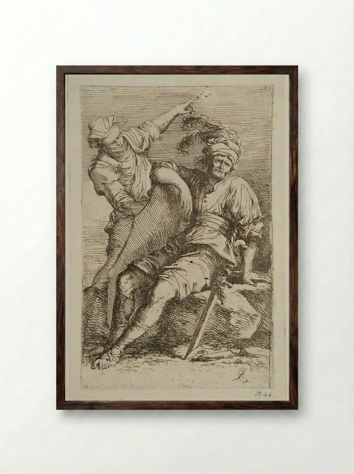 Soldier at Rest and a Standing Man - Salvator Rosa - Framed Print Dark Wood