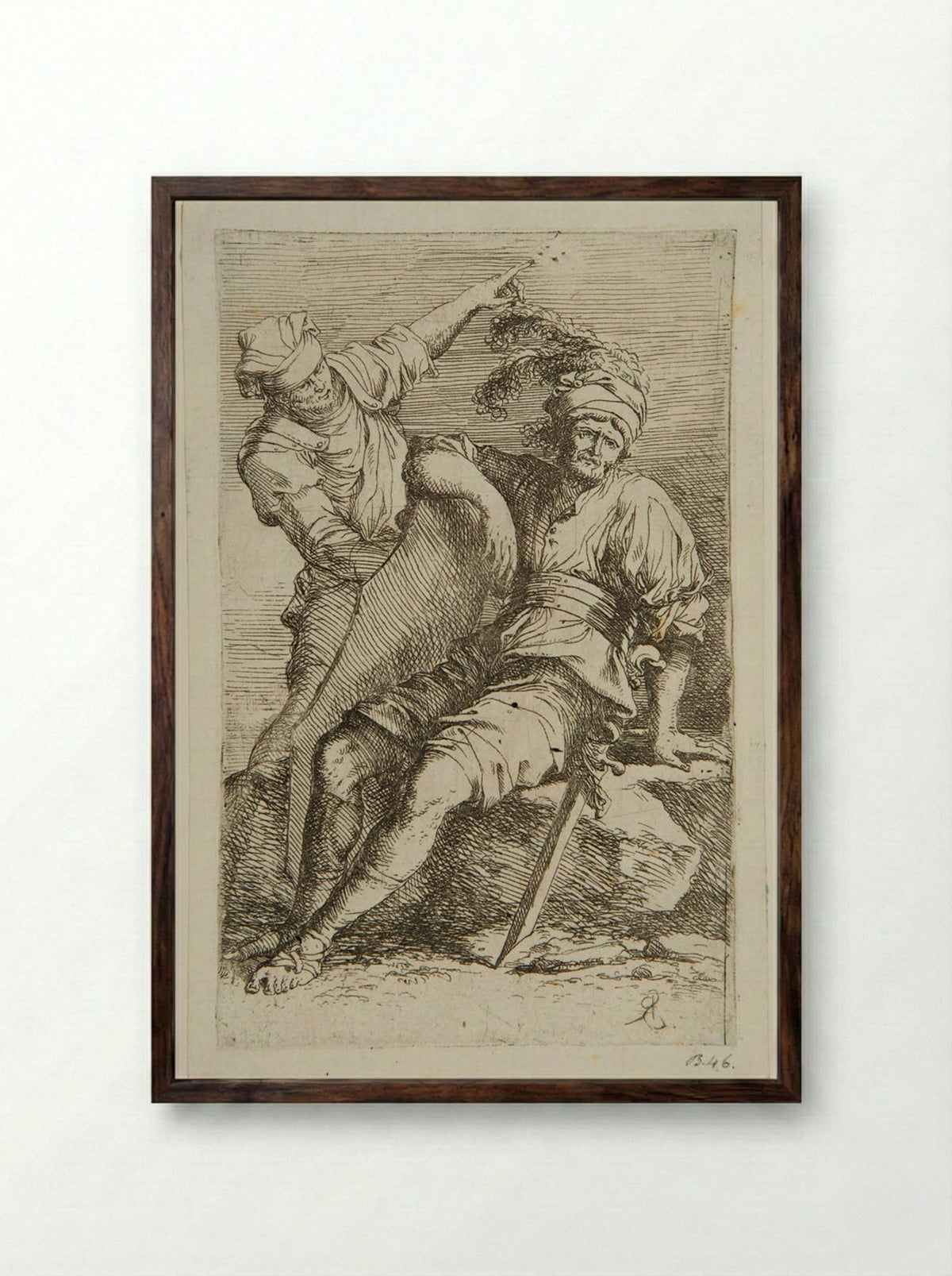 Soldier at Rest and a Standing Man - Salvator Rosa - Framed Print Dark Wood