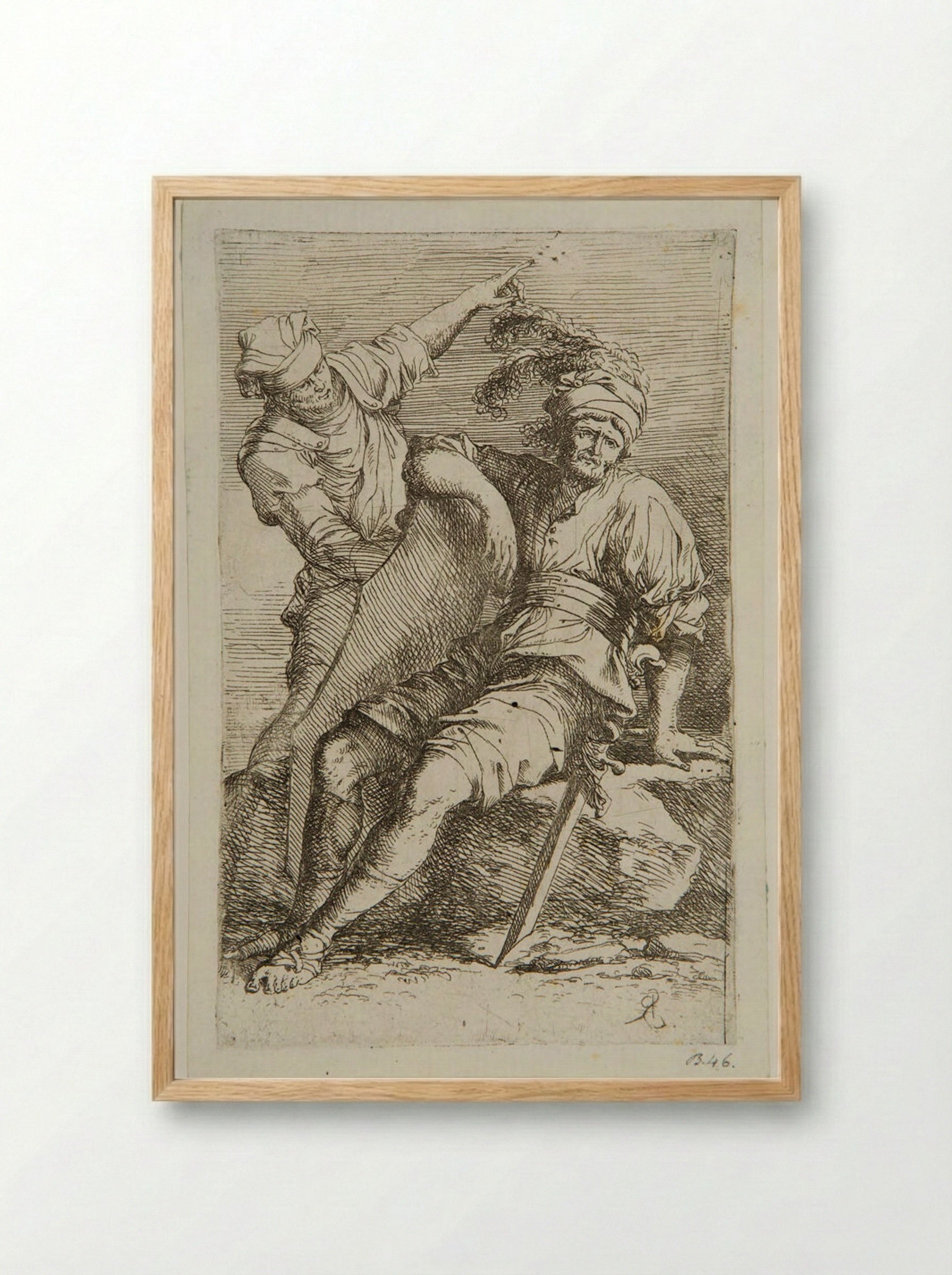 Soldier at Rest and a Standing Man - Salvator Rosa - Framed Print Wood