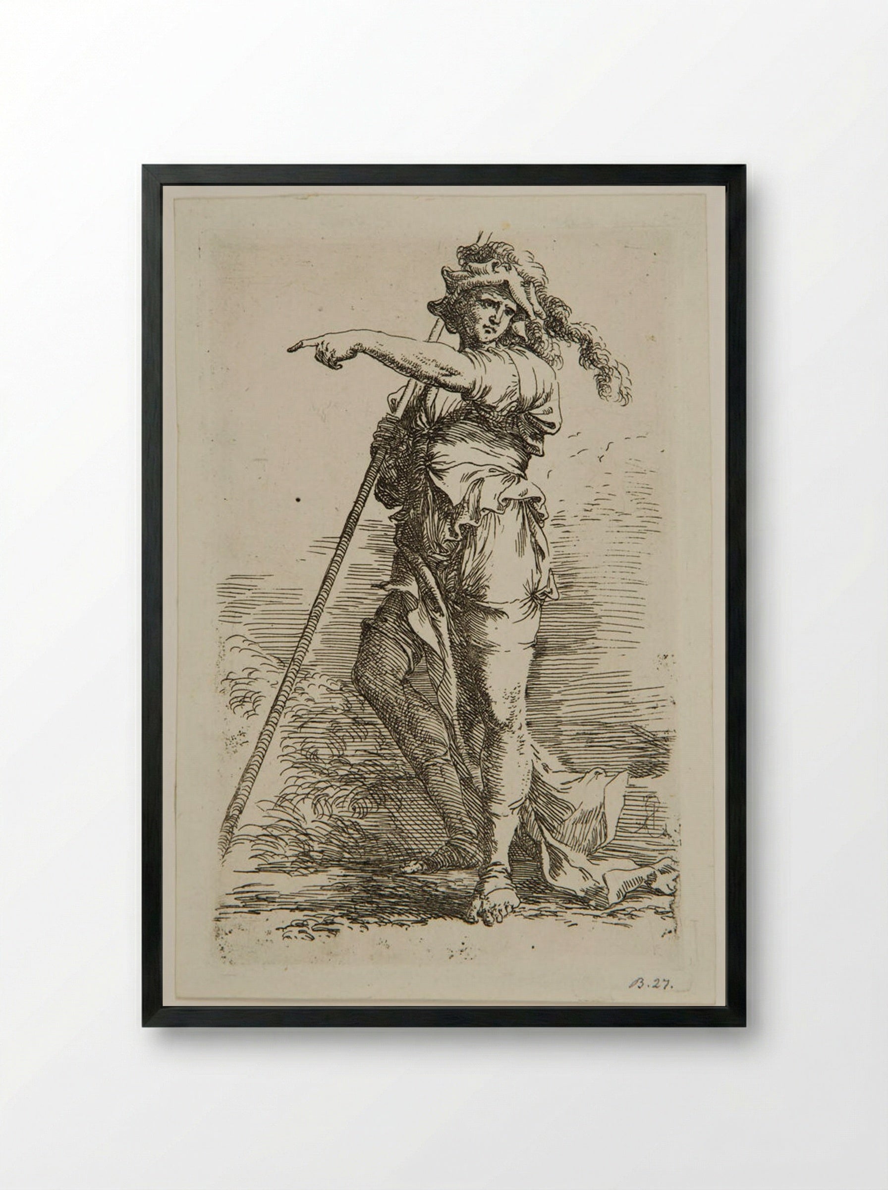 Soldier in a Feathered Cap with a Staff Resting on his Right Shoulder - Salvator Rosa - Framed Print Black