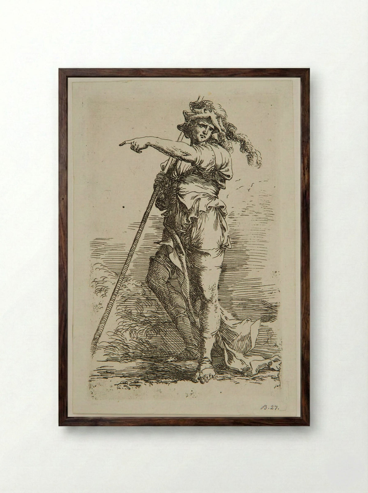 Soldier in a Feathered Cap with a Staff Resting on his Right Shoulder - Salvator Rosa - Framed Print Dark Wood