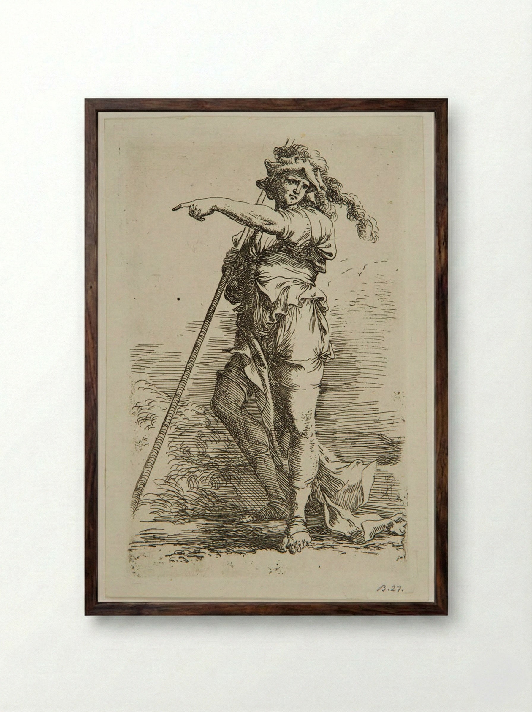 Soldier in a Feathered Cap with a Staff Resting on his Right Shoulder - Salvator Rosa - Framed Print Dark Wood
