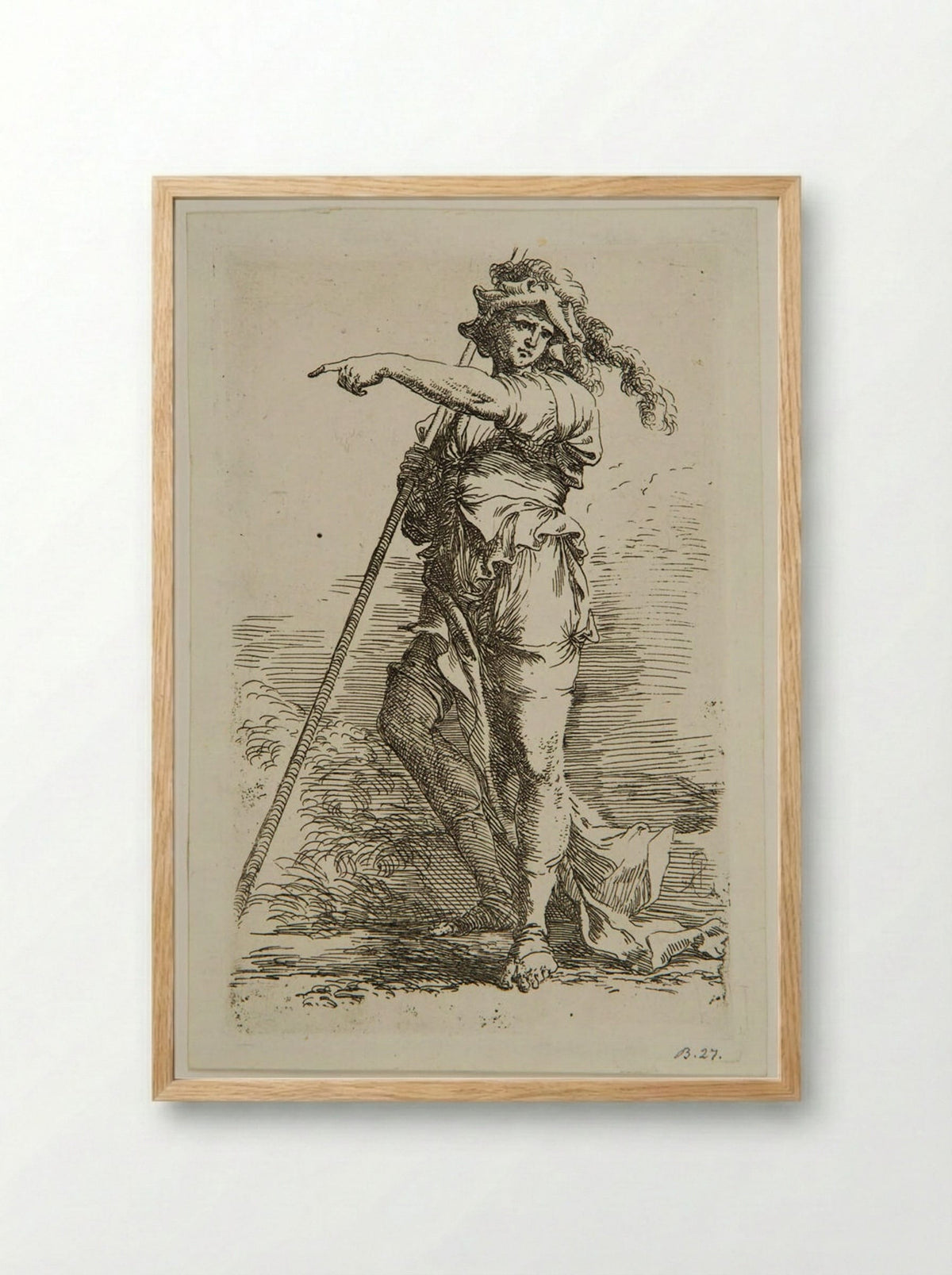 Soldier in a Feathered Cap with a Staff Resting on his Right Shoulder - Salvator Rosa - Framed Print Wood