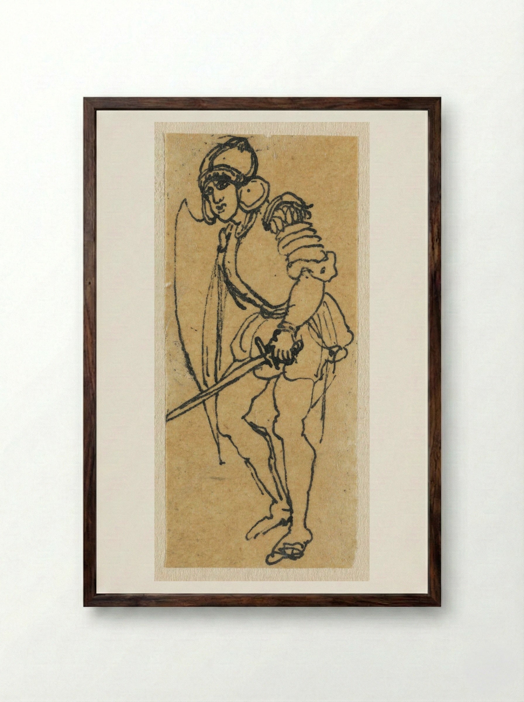 Soldier with Sword Facing Left - Rodolphe Bresdin - Framed Print Dark Wood