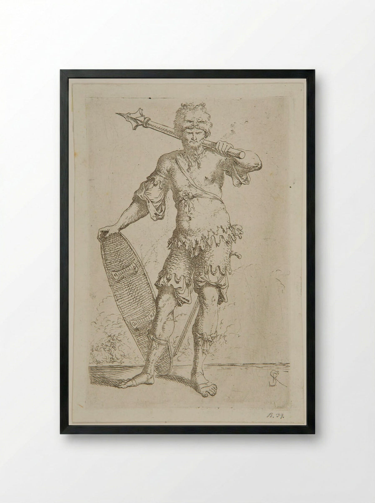 Soldier with a Mace and an Oval Shield - Salvator Rosa - Framed Print Black