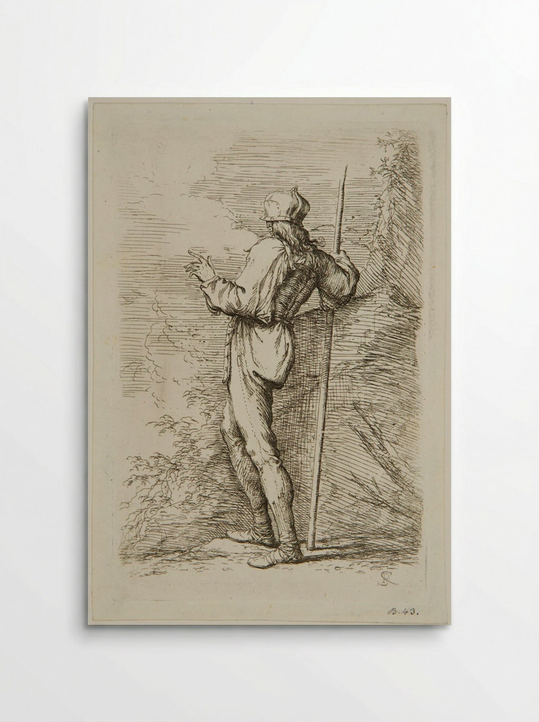 Soldier with a Staff Standing Next to a Large Rock - Salvator Rosa - Poster
