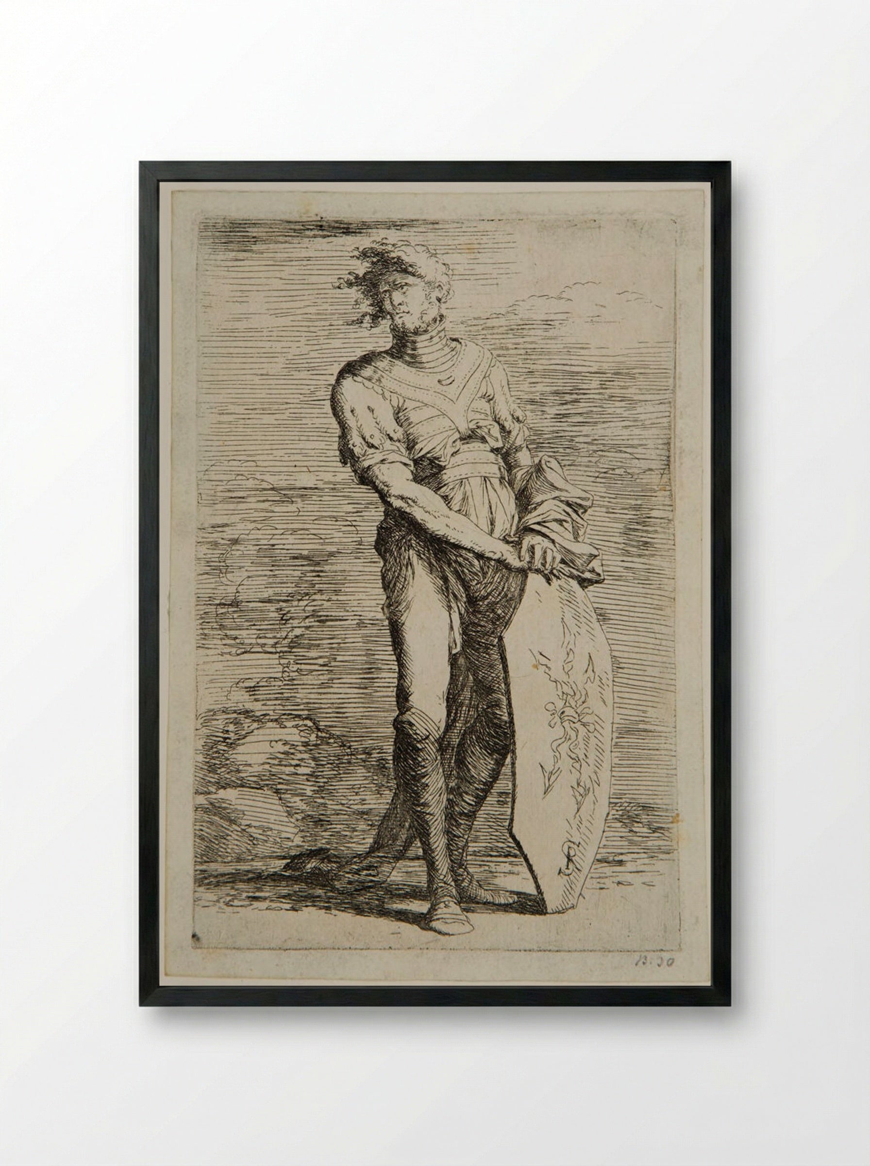 Soldier with his Hair in the Wind, Leaning on a Shield - Salvator Rosa - Framed Print Black