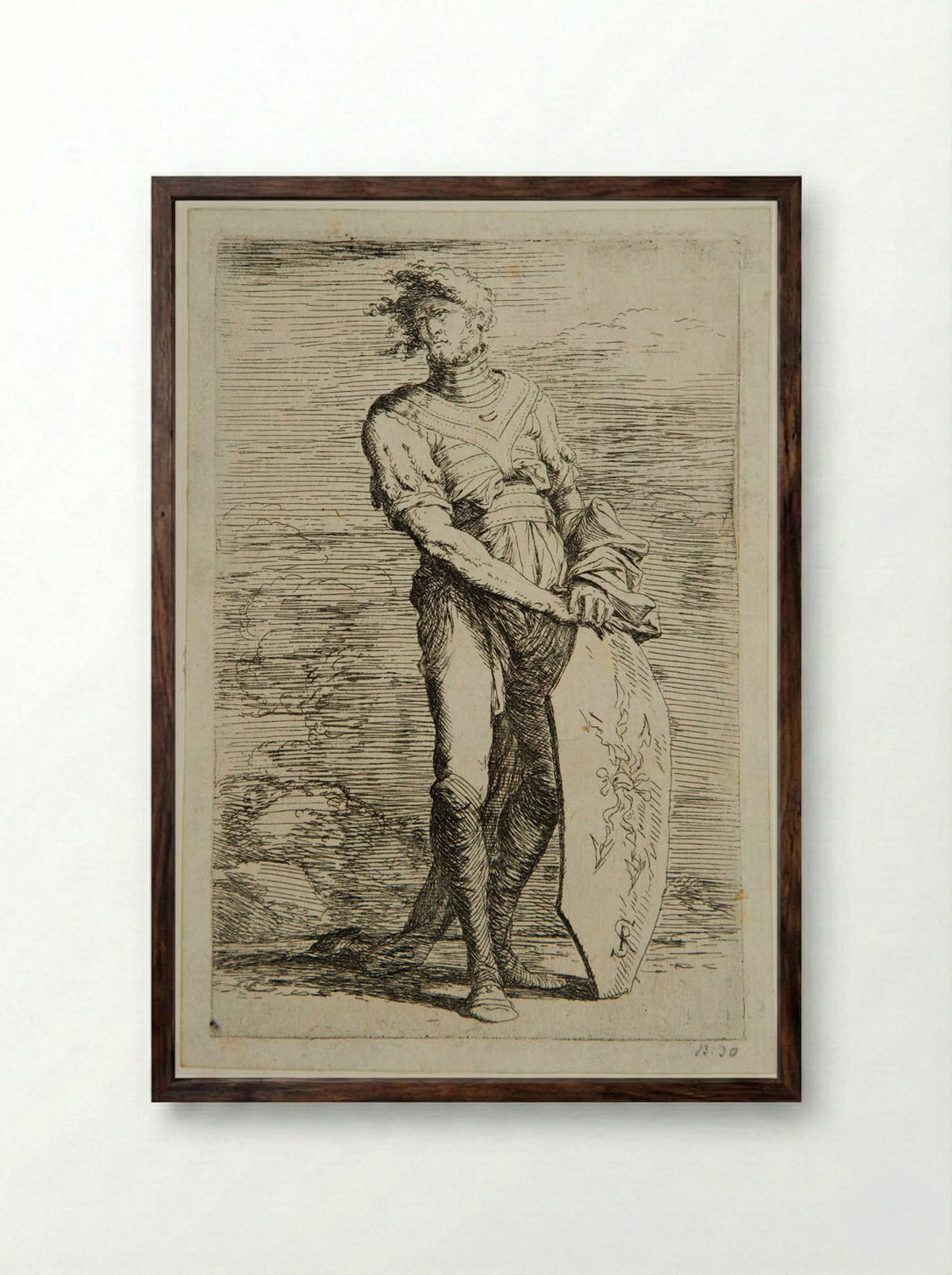 Soldier with his Hair in the Wind, Leaning on a Shield - Salvator Rosa - Framed Print Dark Wood